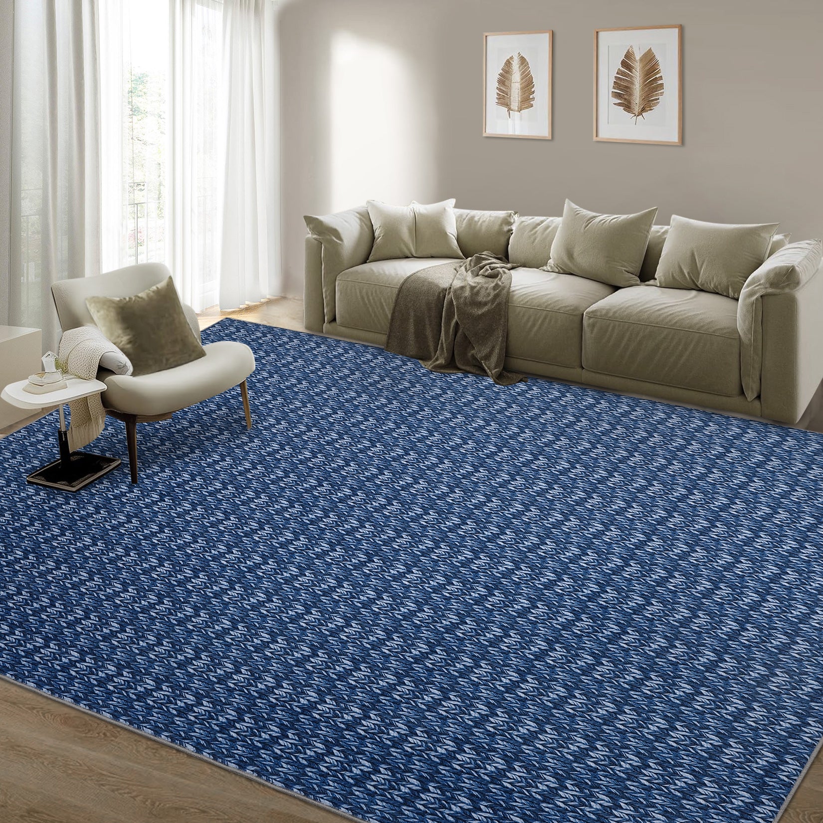 Garvee Modern Blue 8x10 Living Room Rug Large Braided Print Area Rug with Non-Slip Backing, Contemporary Indoor Carpet, Foldable Low Pile Floor Cover for Dining Room, Bedroom