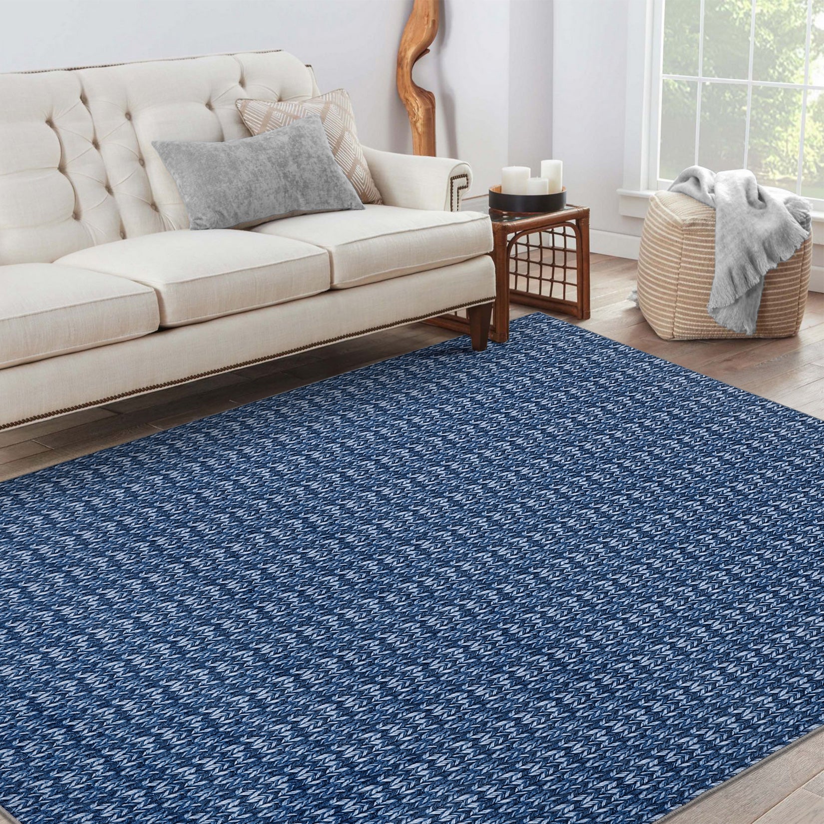 Garvee Modern Blue 8x10 Living Room Rug Large Braided Print Area Rug with Non-Slip Backing, Contemporary Indoor Carpet, Foldable Low Pile Floor Cover for Dining Room, Bedroom