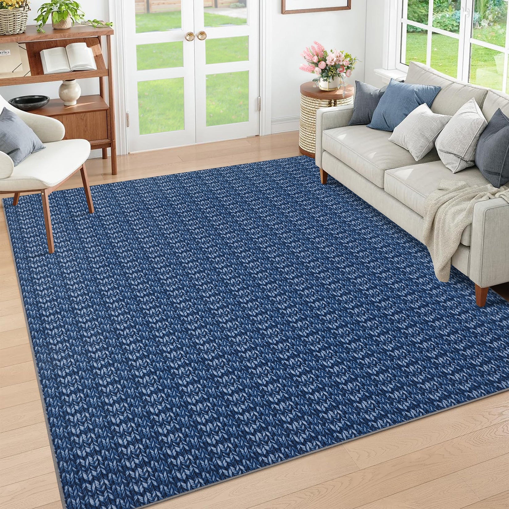 Garvee Modern Blue 8x10 Living Room Rug Large Braided Print Area Rug with Non-Slip Backing, Contemporary Indoor Carpet, Foldable Low Pile Floor Cover for Dining Room, Bedroom