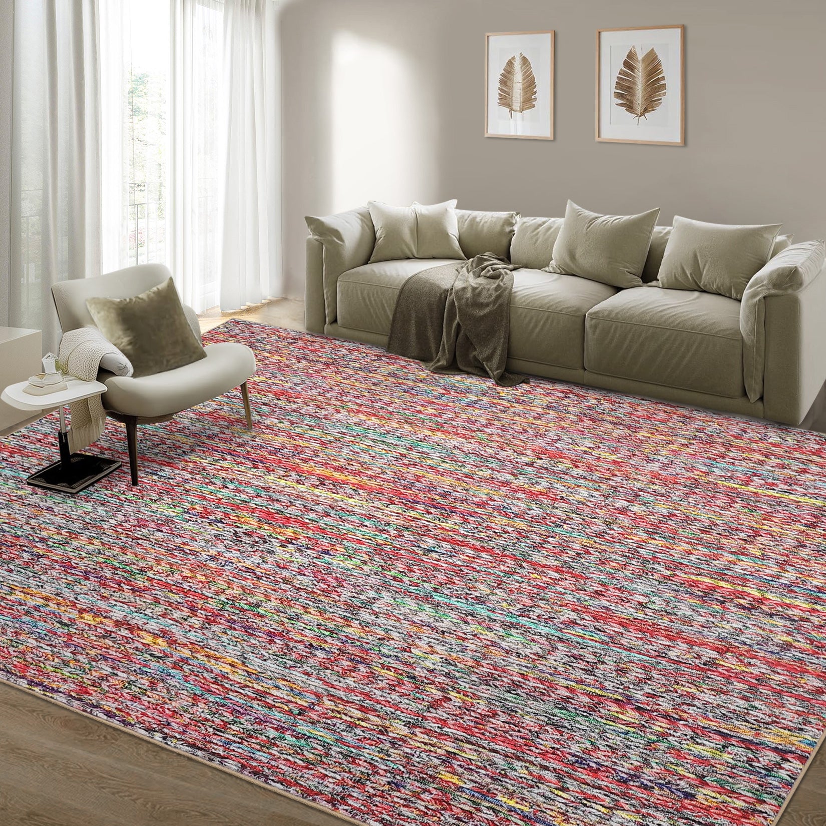 Garvee Modern Multicolor 8x10 Living Room Rug Large Braided Print Area Rug with Non-Slip Backing, Contemporary Indoor Carpet, Foldable Low Pile Floor Cover for Dining Room, Bedroom