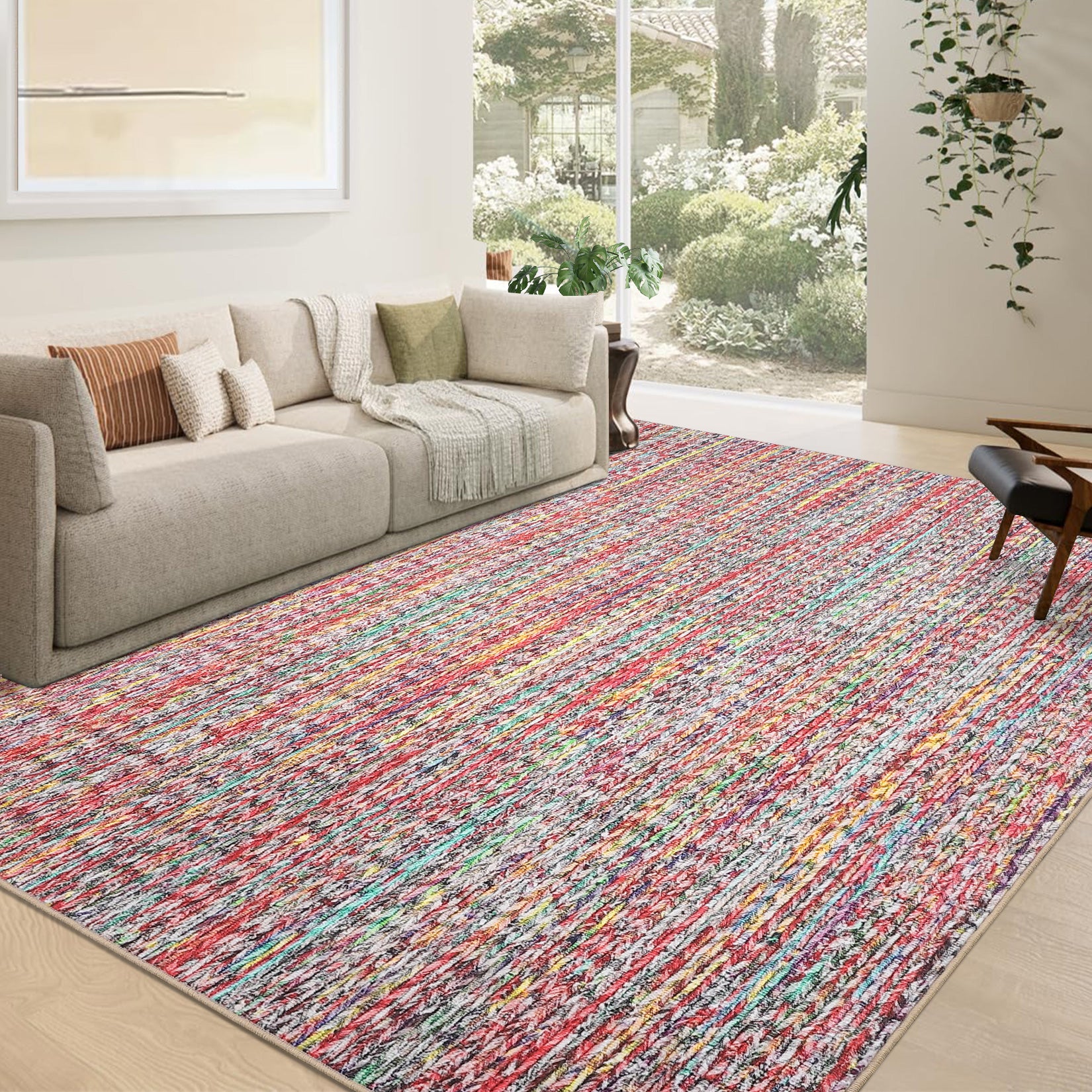 Garvee Modern Multicolor 8x10 Living Room Rug Large Braided Print Area Rug with Non-Slip Backing, Contemporary Indoor Carpet, Foldable Low Pile Floor Cover for Dining Room, Bedroom