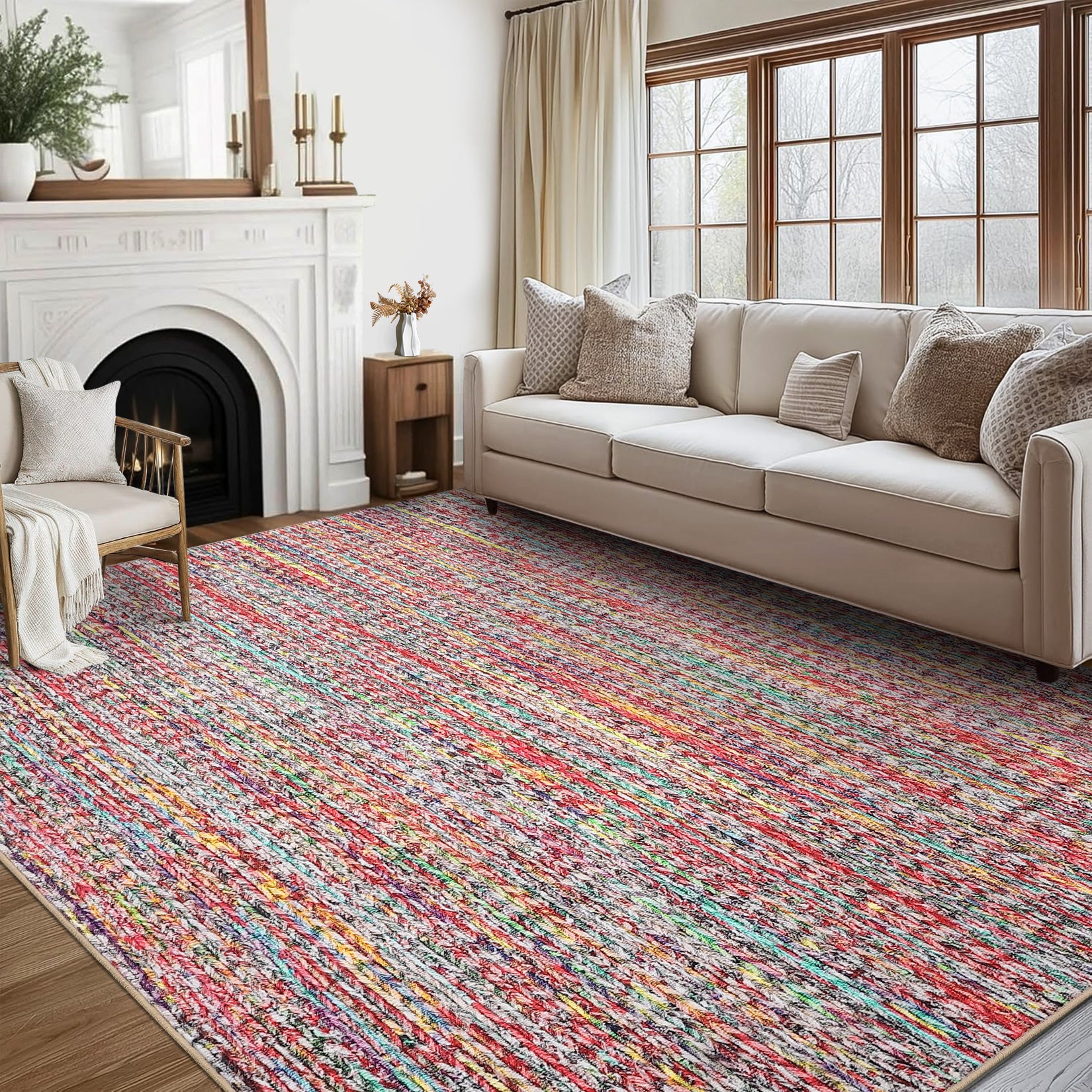 Garvee Modern Multicolor 8x10 Living Room Rug Large Braided Print Area Rug with Non-Slip Backing, Contemporary Indoor Carpet, Foldable Low Pile Floor Cover for Dining Room, Bedroom