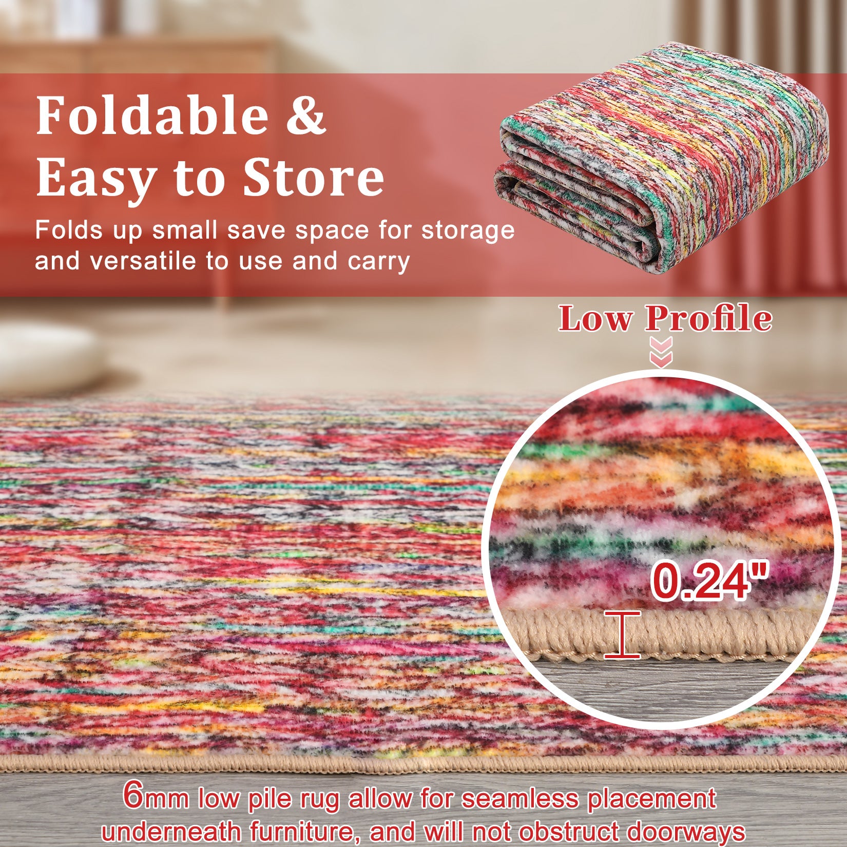 Garvee Modern Multicolor 4'-Round Area Rug Braided Print Circle Rug with Non-Slip Backing, Contemporary Indoor Carpet, Foldable Low Pile Floor Cover for Bedroom, Living Room