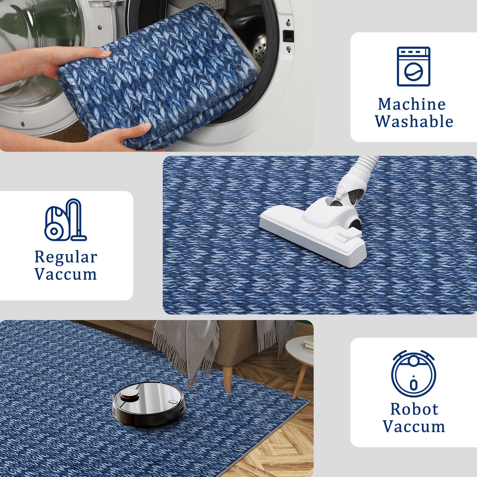 Garvee Modern Blue 6x9 Area Rug Braided Print Throw Rug with Non-Slip Backing, Washable Contemporary Accent Carpet, Foldable Low Pile Floor Cover for Living Room, Bedroom
