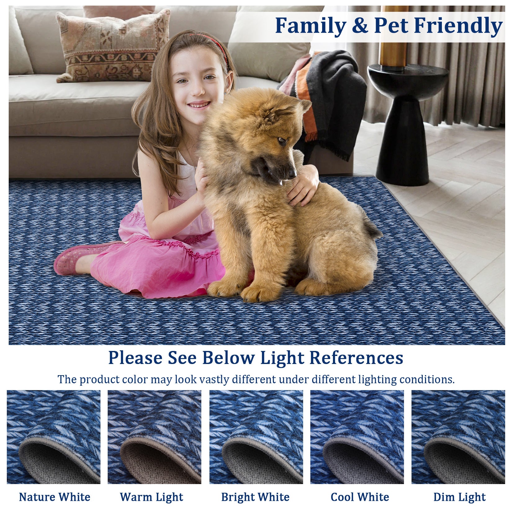 Garvee Modern Blue 8x10 Living Room Rug Large Braided Print Area Rug with Non-Slip Backing, Contemporary Indoor Carpet, Foldable Low Pile Floor Cover for Dining Room, Bedroom