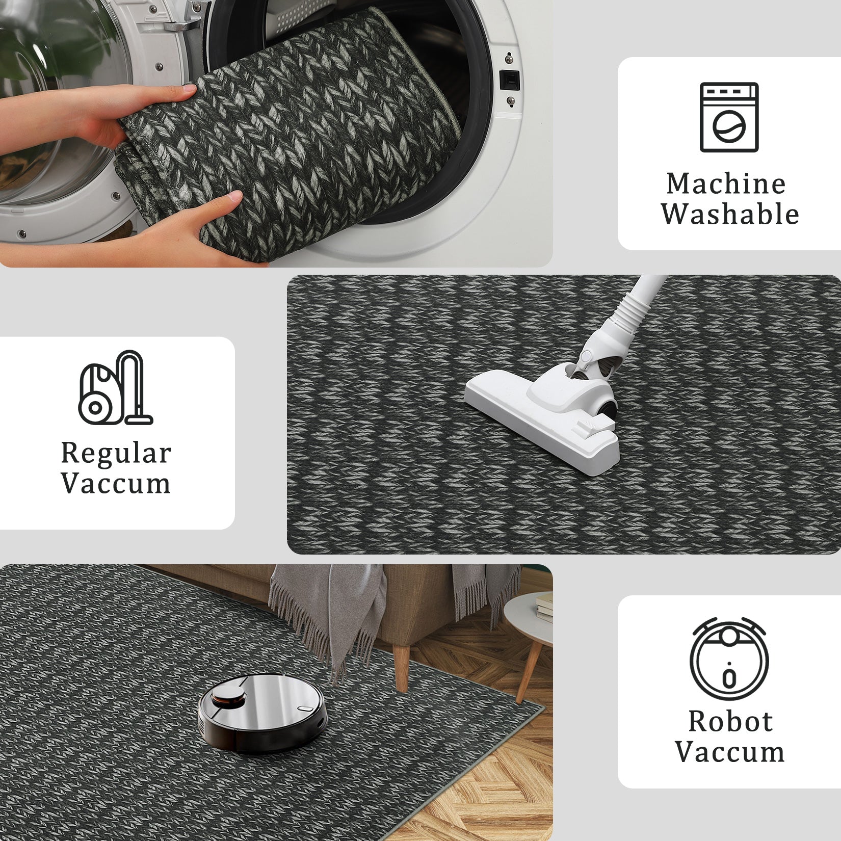 Garvee Modern Black Oval 3x5 Area Rug Braided Print Floor Cover with Non-Slip Backing, Contemporary Indoor Carpet, Foldable Low Pile Accent Rug for Bedroom, Living Room