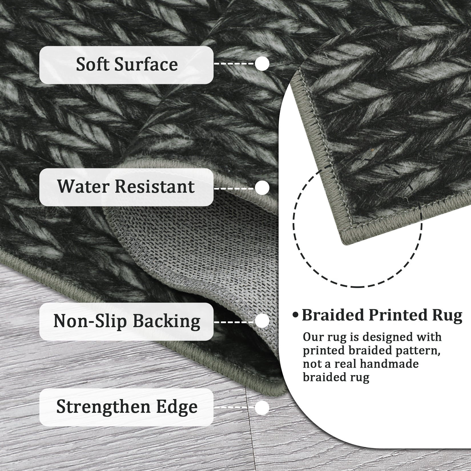 Garvee Modern Black 4'-Round Area Rug Braided Print Circle Rug with Non-Slip Backing, Contemporary Indoor Carpet, Foldable Low Pile Floor Cover for Bedroom, Living Room