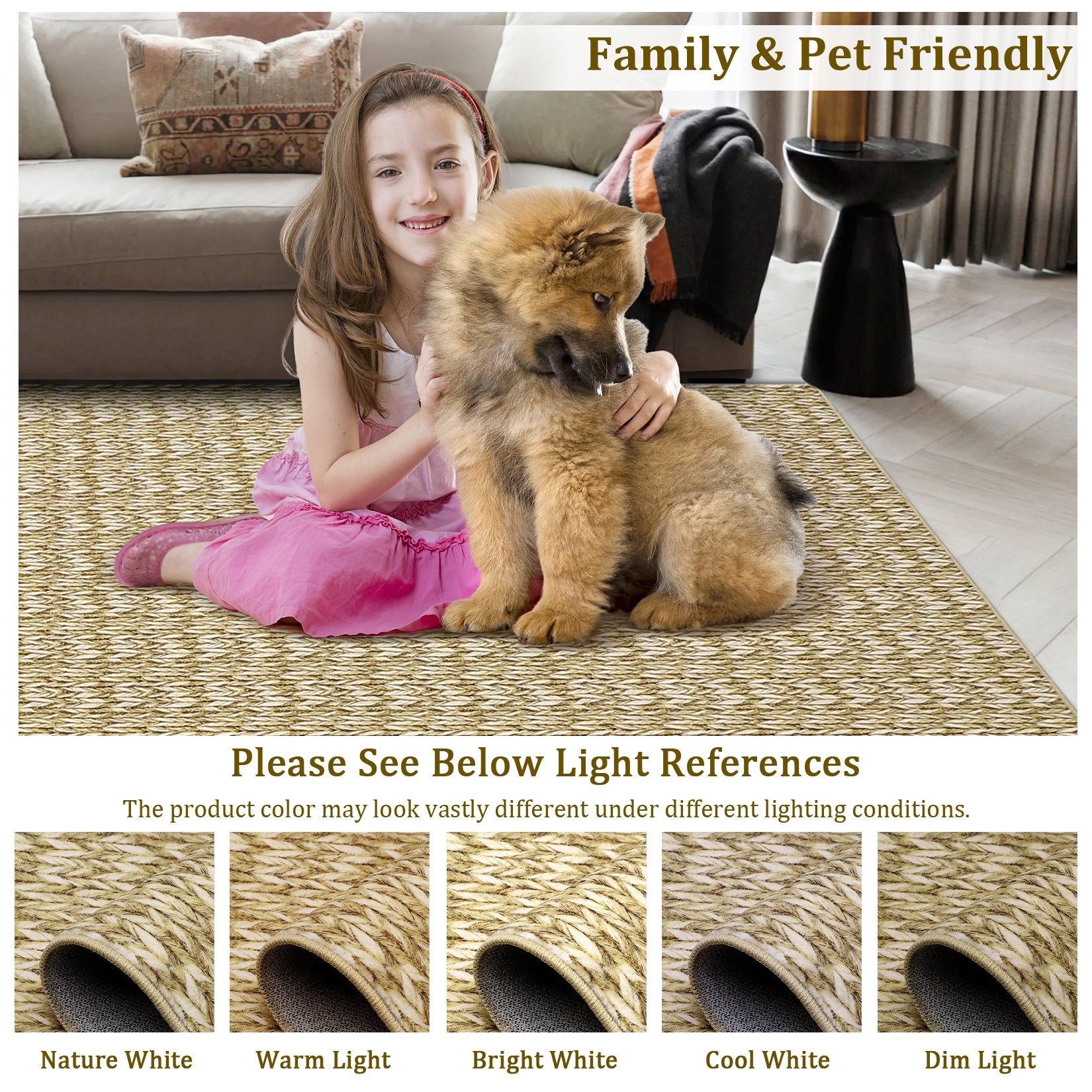 Garvee Modern Camel 4'-Round Area Rug Braided Print Circle Rug with Non-Slip Backing, Contemporary Indoor Carpet, Foldable Low Pile Floor Cover for Bedroom, Living Room