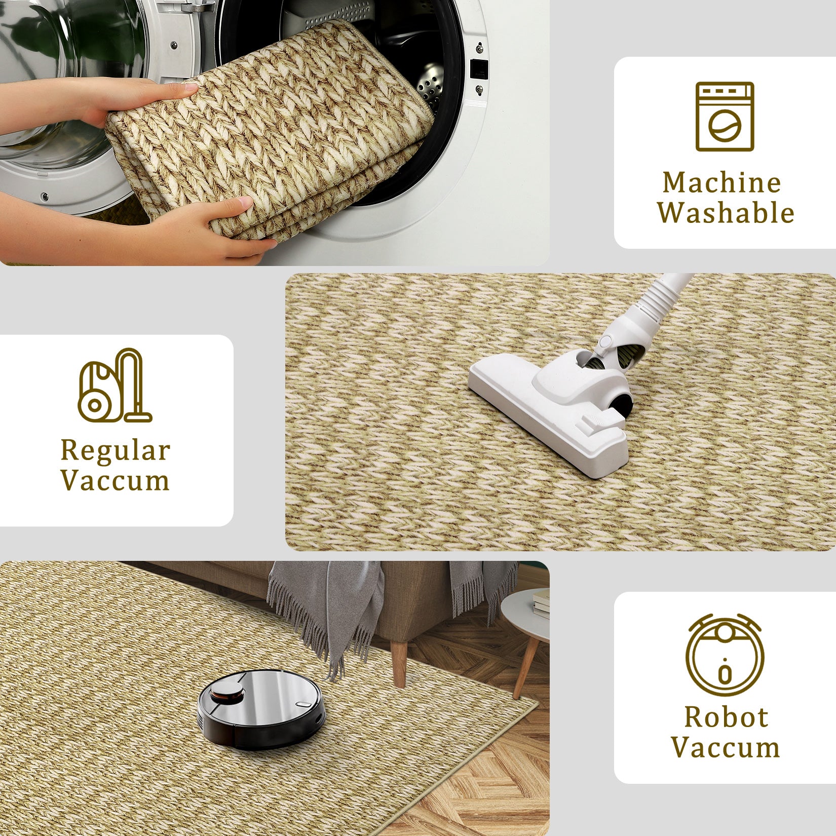 Garvee Modern Camel 9x12 Large Area Rug Braided Print Living Room Rug with Non-Slip Backing, Contemporary Indoor Carpet, Foldable Low Pile Floor Cover for Dining Room, Bedroom