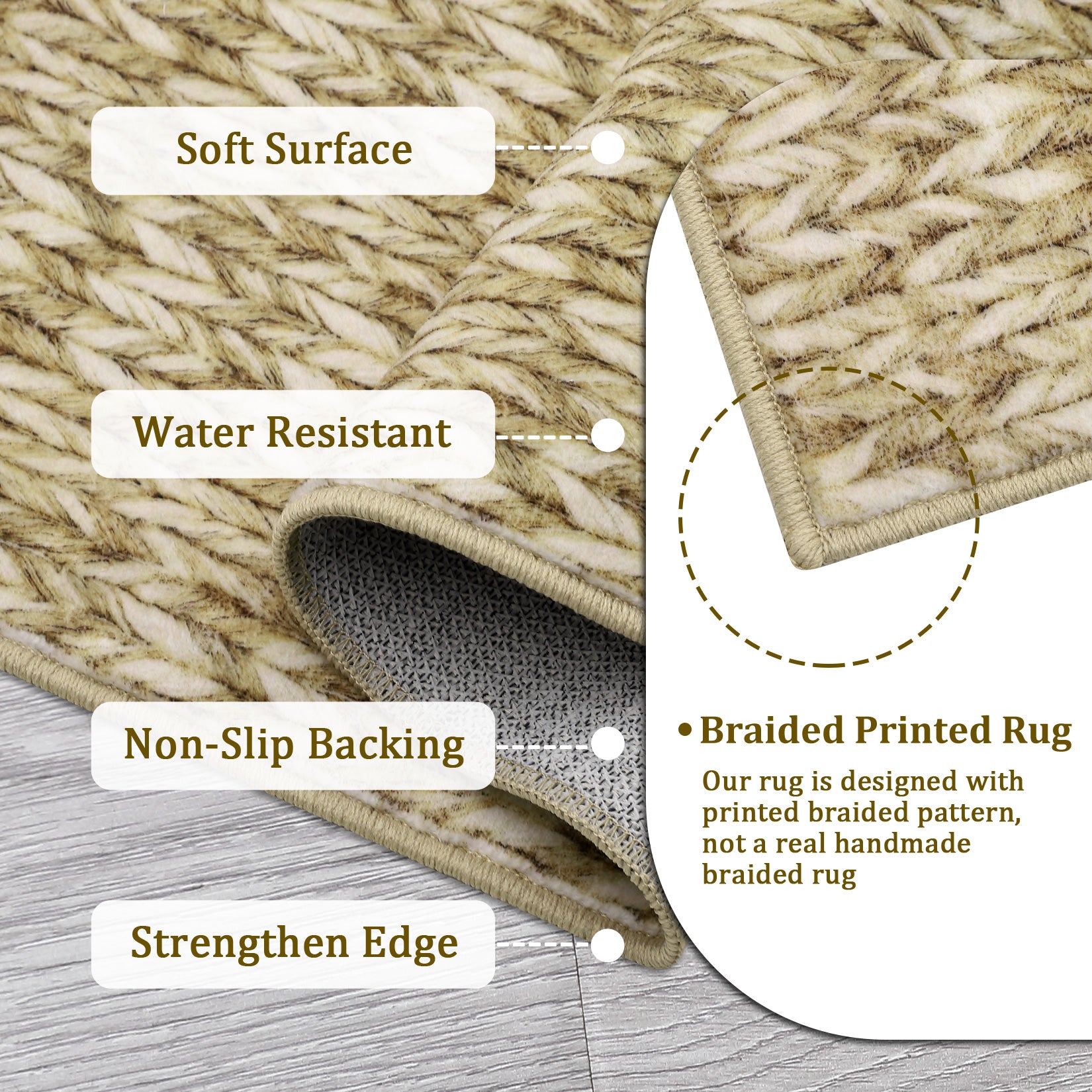 Garvee Modern Camel Oval 3x5 Area Rug Braided Print Floor Cover with Non-Slip Backing, Contemporary Indoor Carpet, Foldable Low Pile Accent Rug for Bedroom, Living Room