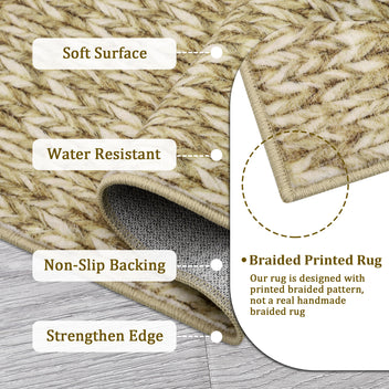 Garvee Modern Camel 8x10 Living Room Rug Large Braided Print Area Rug with Non-Slip Backing, Contemporary Indoor Carpet, Foldable Low Pile Floor Cover for Dining Room, Bedroom