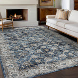 Garvee 9' x 12' Distressed Vintage Persian Floral Area Rug, Machine Washable Non-Slip Low-Pile Soft Rug for Living Room, Bedroom & Nursery, Blue - Blue