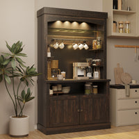 Garvee Coffee Bar Cabinet with LED Lights 72" Tall Buffet Cabinet with Storage Farmhouse Kitchen Sideboard Tall Coffee Hutch Cabinet with Microwave Stand/Wine Rack/Glass Shelf Dining Room, Dark Oak