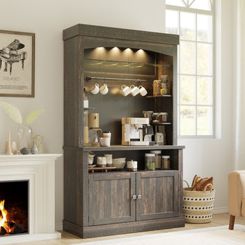 Garvee Farmhouse 72" Buffet Cabinet Coffee Bar Cabinet with LED Lights, Microwave Stand, Wine Rack and Glass Shelf, Dark Oak