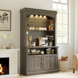 Garvee Farmhouse 72" Buffet Cabinet Coffee Bar Cabinet with LED Lights, Microwave Stand, Wine Rack and Glass Shelf, Dark Oak - Dark Oak
