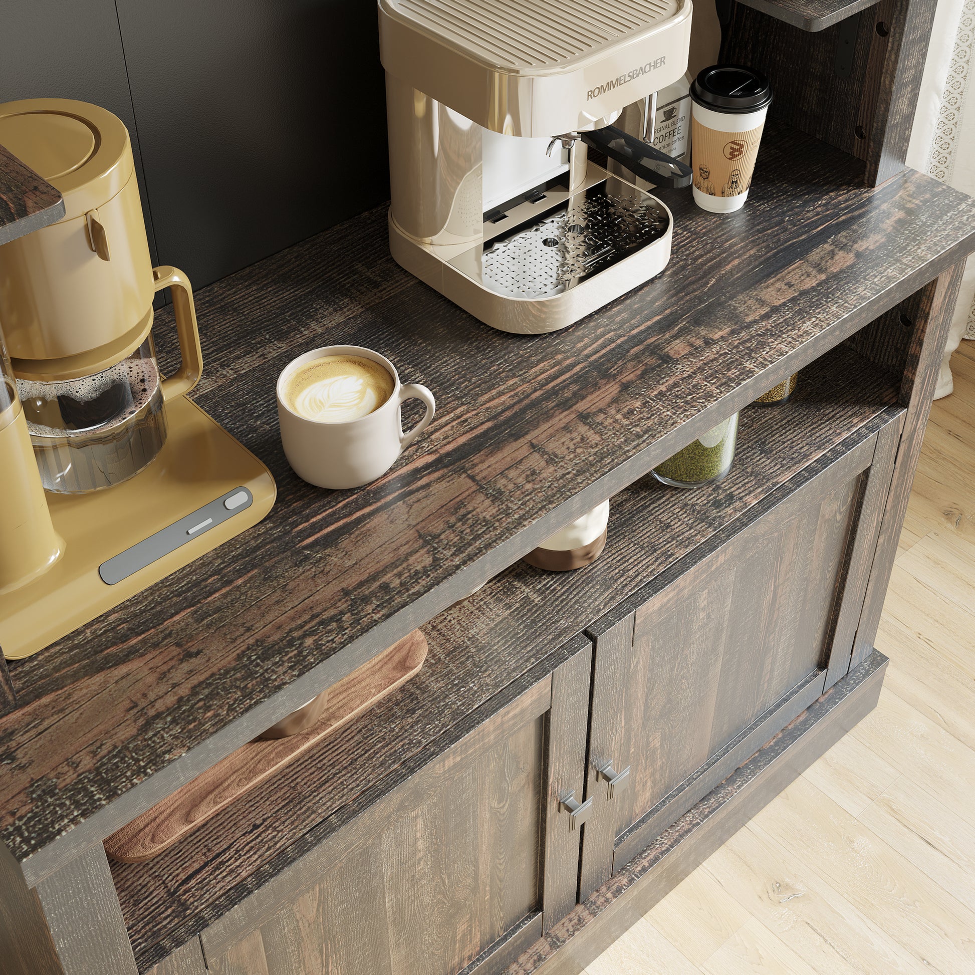 Garvee Coffee Bar Cabinet with LED Lights 72" Tall Buffet Cabinet with Storage Farmhouse Kitchen Sideboard Tall Coffee Hutch Cabinet with Microwave Stand/Wine Rack/Glass Shelf Dining Room, Dark Oak