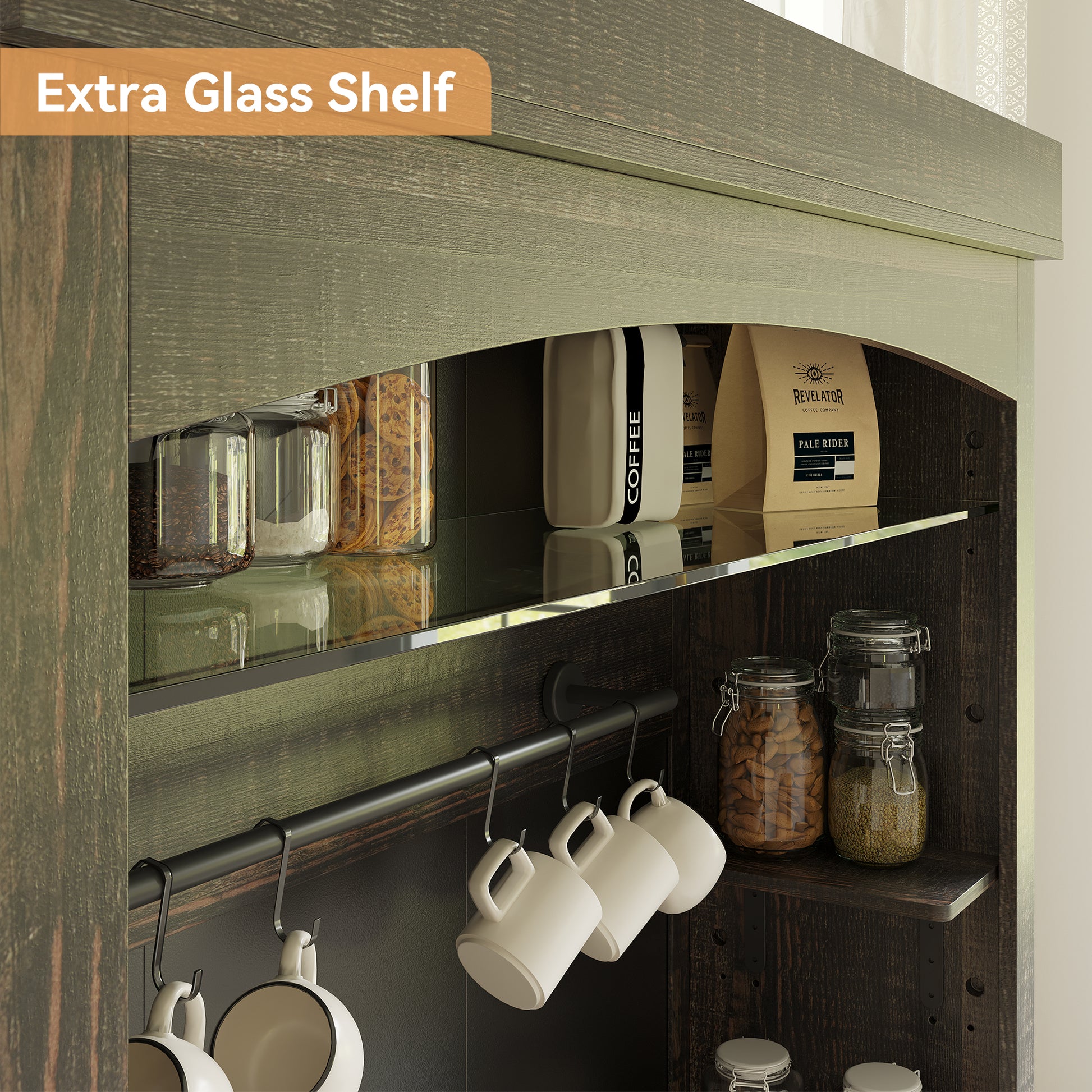 Garvee Coffee Bar Cabinet with LED Lights 72" Tall Buffet Cabinet with Storage Farmhouse Kitchen Sideboard Tall Coffee Hutch Cabinet with Microwave Stand/Wine Rack/Glass Shelf Dining Room, Dark Oak