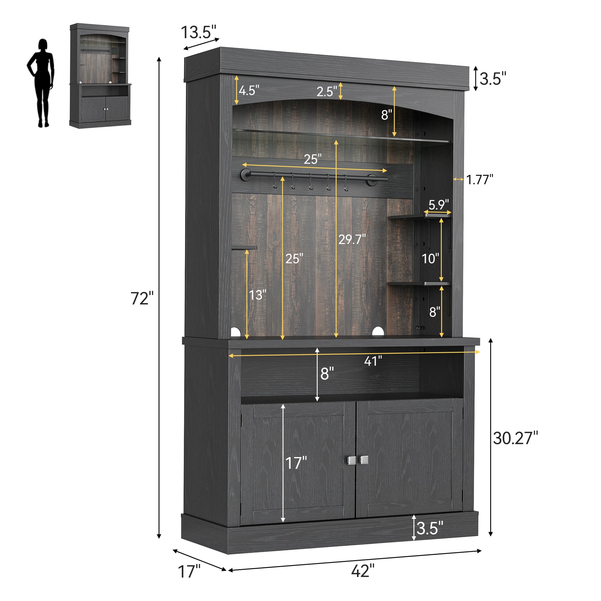 Garvee Coffee Bar Cabinet with LED Lights 72" Tall Buffet Cabinet with Storage Farmhouse Kitchen Sideboard Tall Coffee Hutch Cabinet with Microwave Stand/Wine Rack/Glass Shelf Dining Room