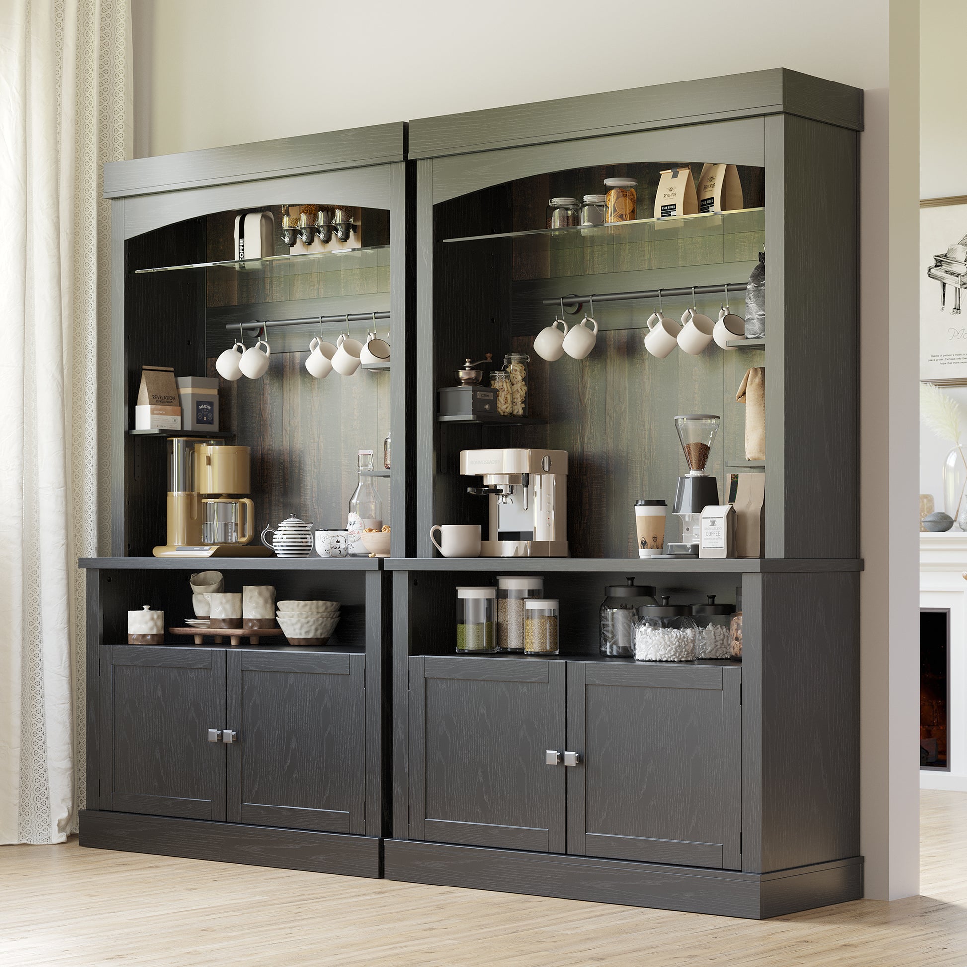 Garvee Coffee Bar Cabinet with LED Lights 72" Tall Buffet Cabinet with Storage Farmhouse Kitchen Sideboard Tall Coffee Hutch Cabinet with Microwave Stand/Wine Rack/Glass Shelf Dining Room