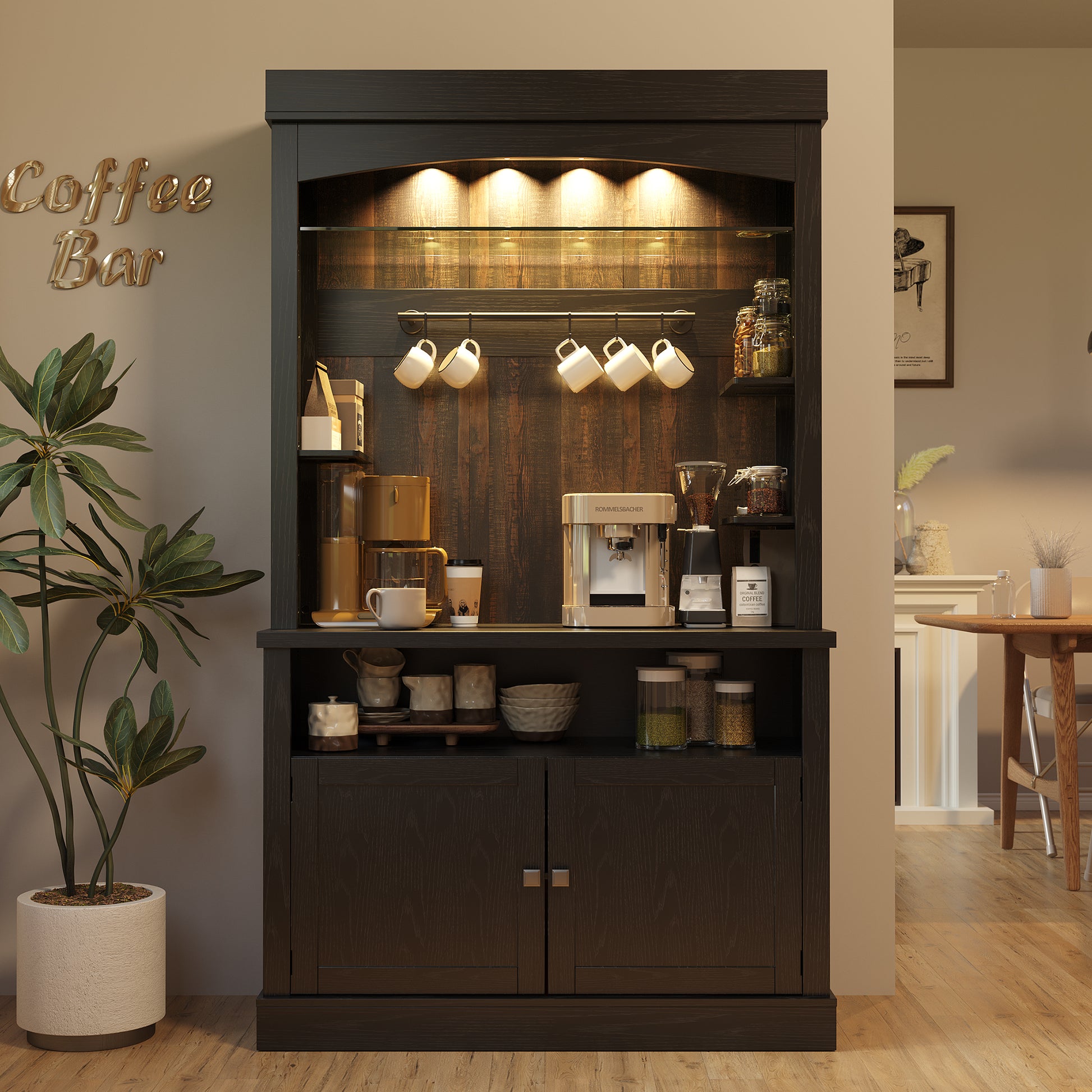 Garvee Coffee Bar Cabinet with LED Lights 72" Tall Buffet Cabinet with Storage Farmhouse Kitchen Sideboard Tall Coffee Hutch Cabinet with Microwave Stand/Wine Rack/Glass Shelf Dining Room