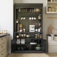 Garvee Coffee Bar Cabinet with LED Lights 72" Tall Buffet Cabinet with Storage Farmhouse Kitchen Sideboard Tall Coffee Hutch Cabinet with Microwave Stand/Wine Rack/Glass Shelf Dining Room