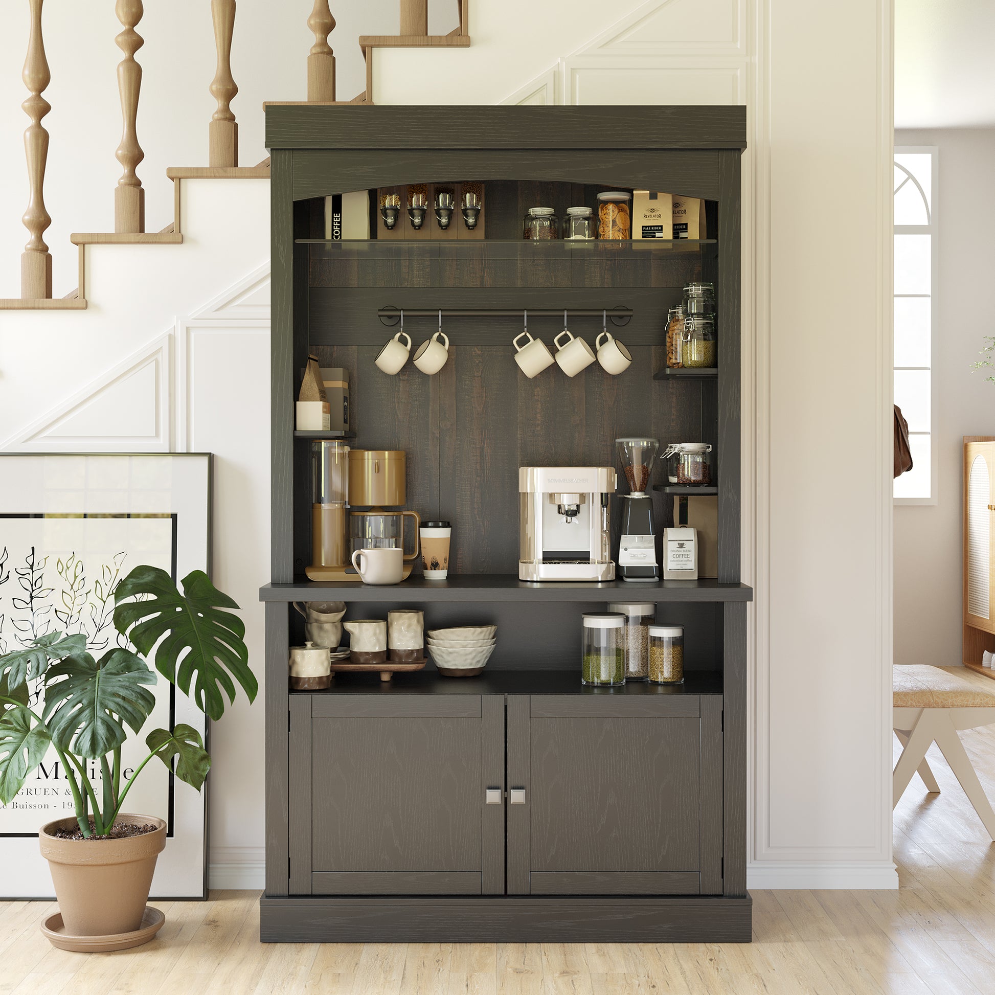 Garvee Coffee Bar Cabinet with LED Lights 72" Tall Buffet Cabinet with Storage Farmhouse Kitchen Sideboard Tall Coffee Hutch Cabinet with Microwave Stand/Wine Rack/Glass Shelf Dining Room