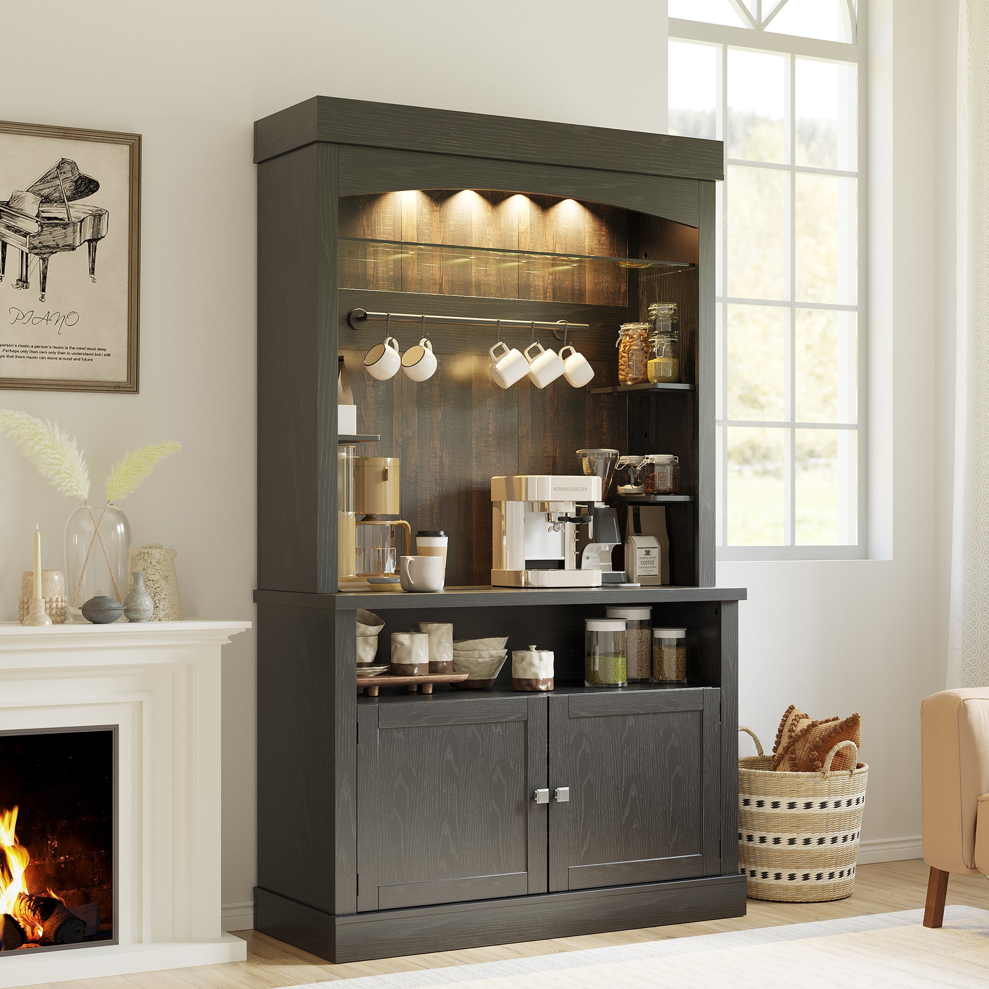 Garvee Coffee Bar Cabinet with LED Lights 72" Tall Buffet Cabinet with Storage Farmhouse Kitchen Sideboard Tall Coffee Hutch Cabinet with Microwave Stand/Wine Rack/Glass Shelf Dining Room