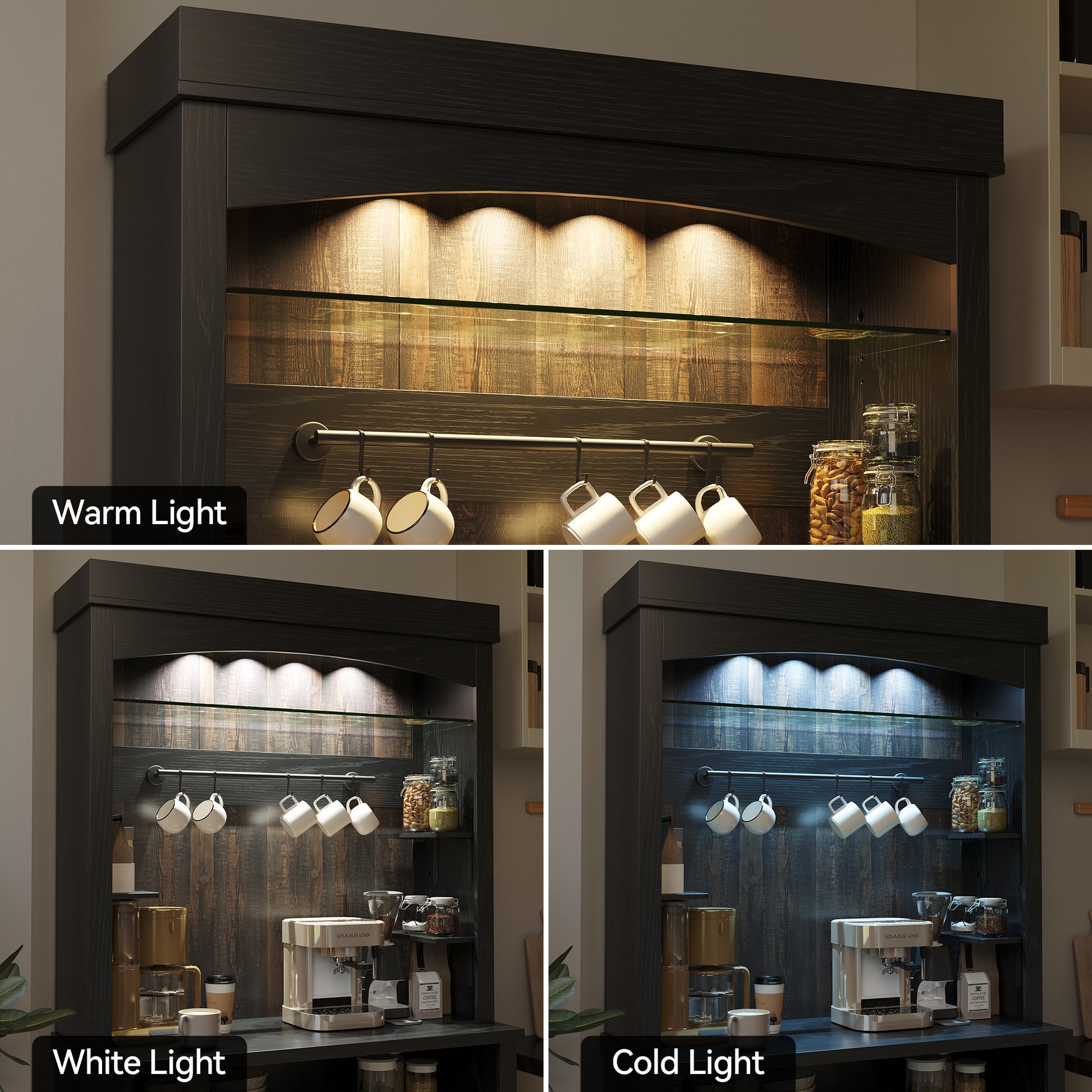 Garvee Coffee Bar Cabinet with LED Lights 72" Tall Buffet Cabinet with Storage Farmhouse Kitchen Sideboard Tall Coffee Hutch Cabinet with Microwave Stand/Wine Rack/Glass Shelf Dining Room