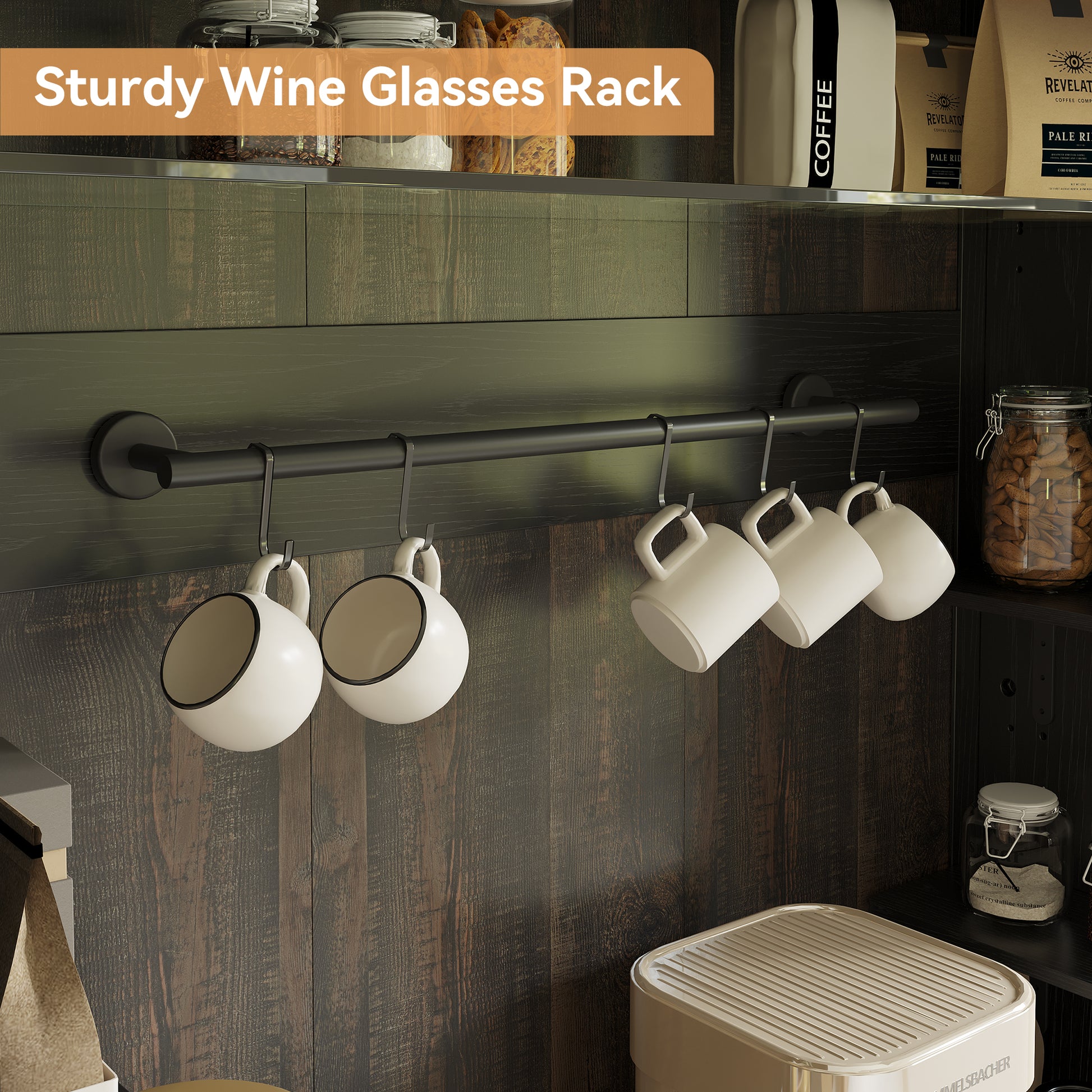 Garvee Coffee Bar Cabinet with LED Lights 72" Tall Buffet Cabinet with Storage Farmhouse Kitchen Sideboard Tall Coffee Hutch Cabinet with Microwave Stand/Wine Rack/Glass Shelf Dining Room