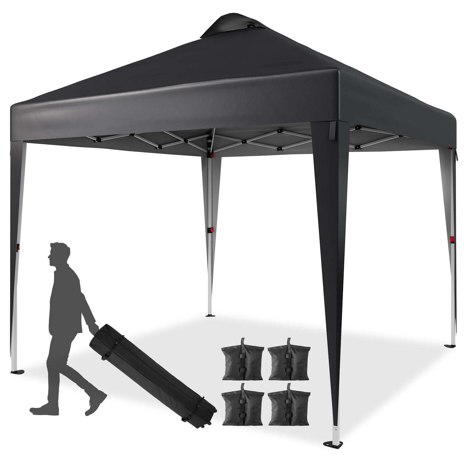 10'x10' black pop-up canopy tent, waterproof with UV protection, includes sandbags and wheeled bag for portability.