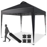 10'x10' black pop-up canopy tent, waterproof with UV protection, includes sandbags and wheeled bag for portability.