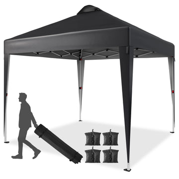 10'x10' black pop-up canopy tent, waterproof with UV protection, includes sandbags and wheeled bag for portability.