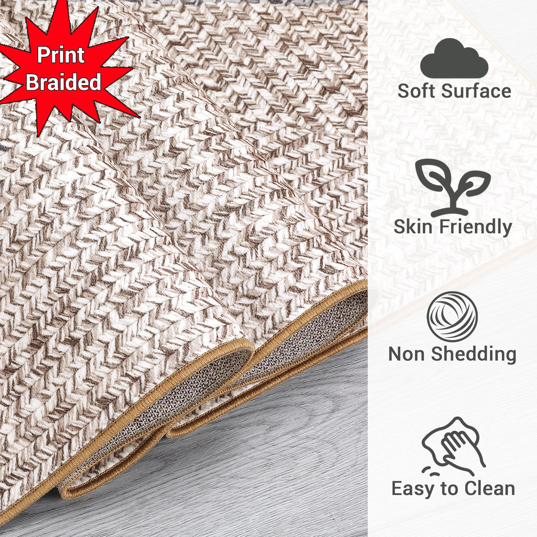 Garvee Beige 10x13 Washable Rug Non Slip Non Shedding Braided Printed (Non-Woven) Floor Mat Non-Slip Low Pile Large Rug Non Shedding Bordered Carpet for Bedroom Kids Playroom