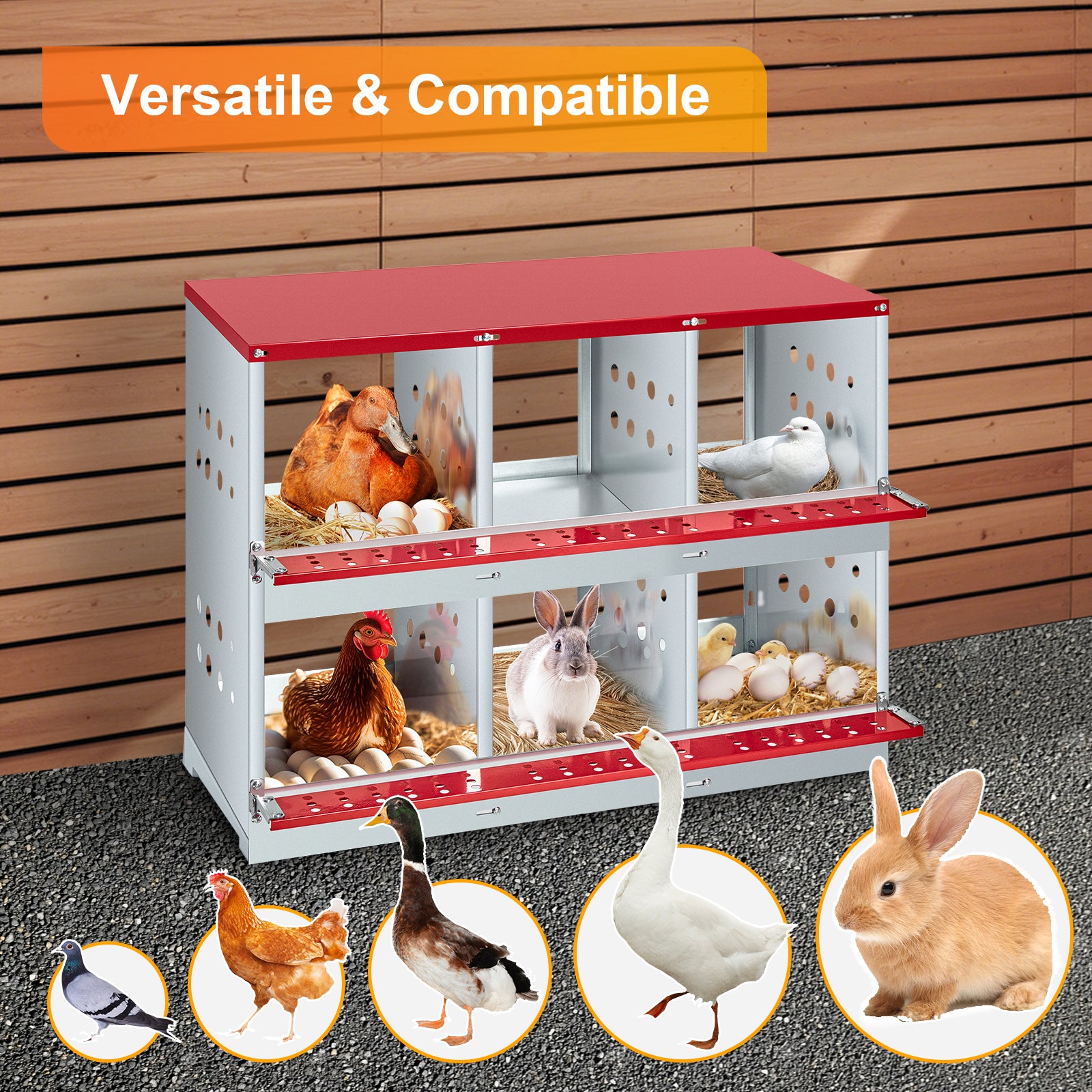 GARVEE 6-Compartment Galvanized Steel Nesting Box - Metal w/Vented Holes, Swing Perch & Removable Dividers for Chicken Coops