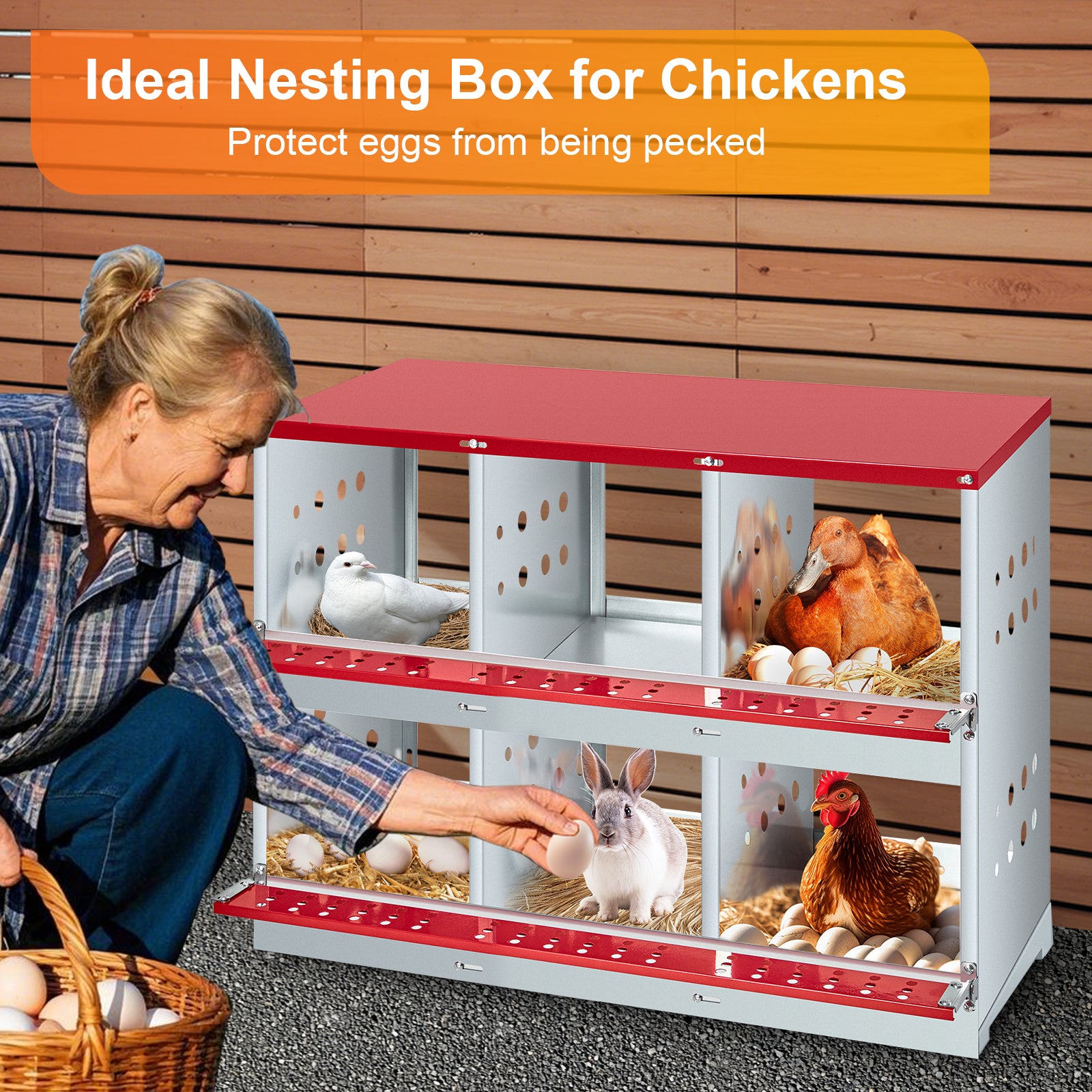 GARVEE 6-Compartment Galvanized Steel Nesting Box - Metal w/Vented Holes, Swing Perch & Removable Dividers for Chicken Coops