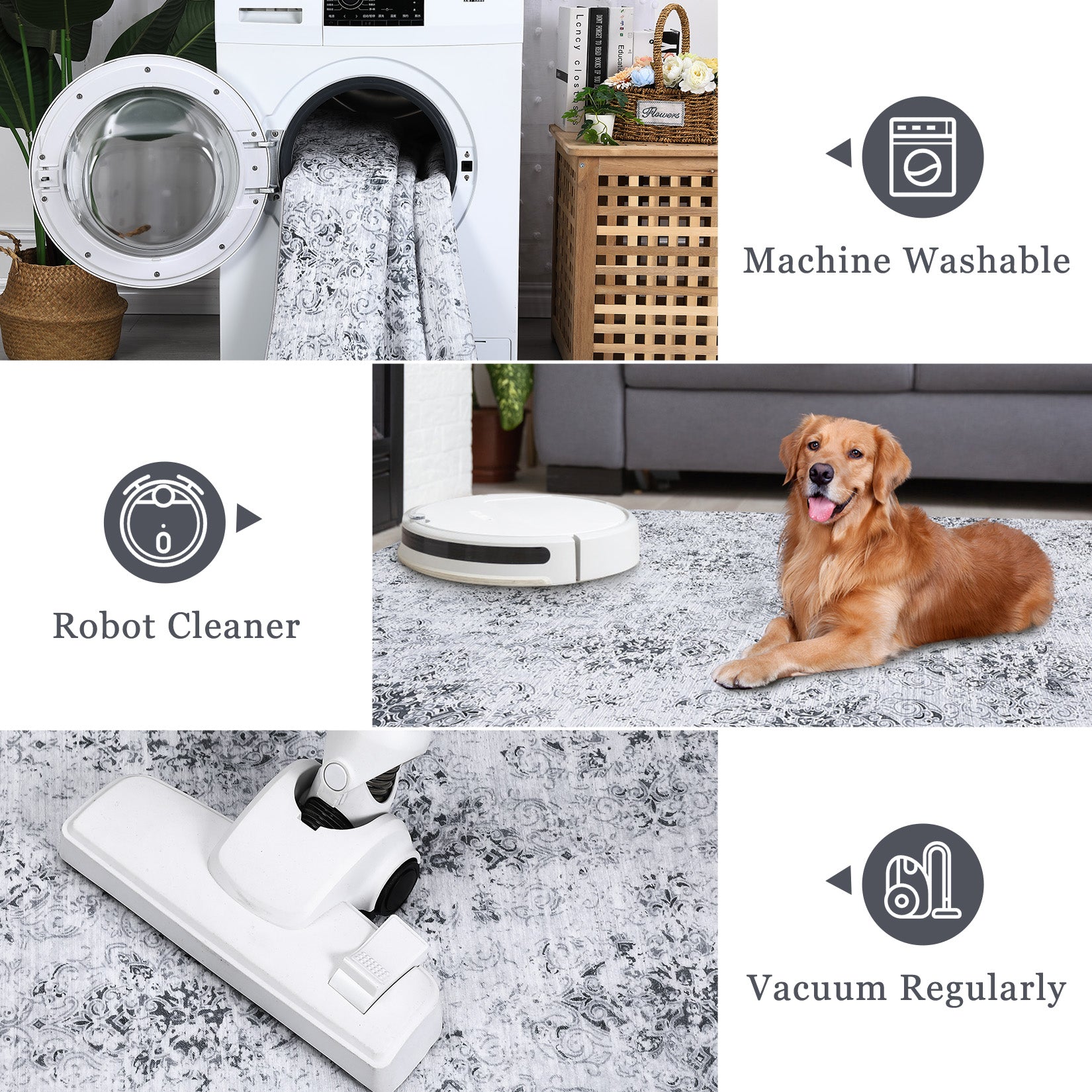 Garvee Machine Washable Area Rugs Lightweight Ultra-Thin Indoor Rug Soft Boho Botanical Floral Design Non-Slip Rubber Backing