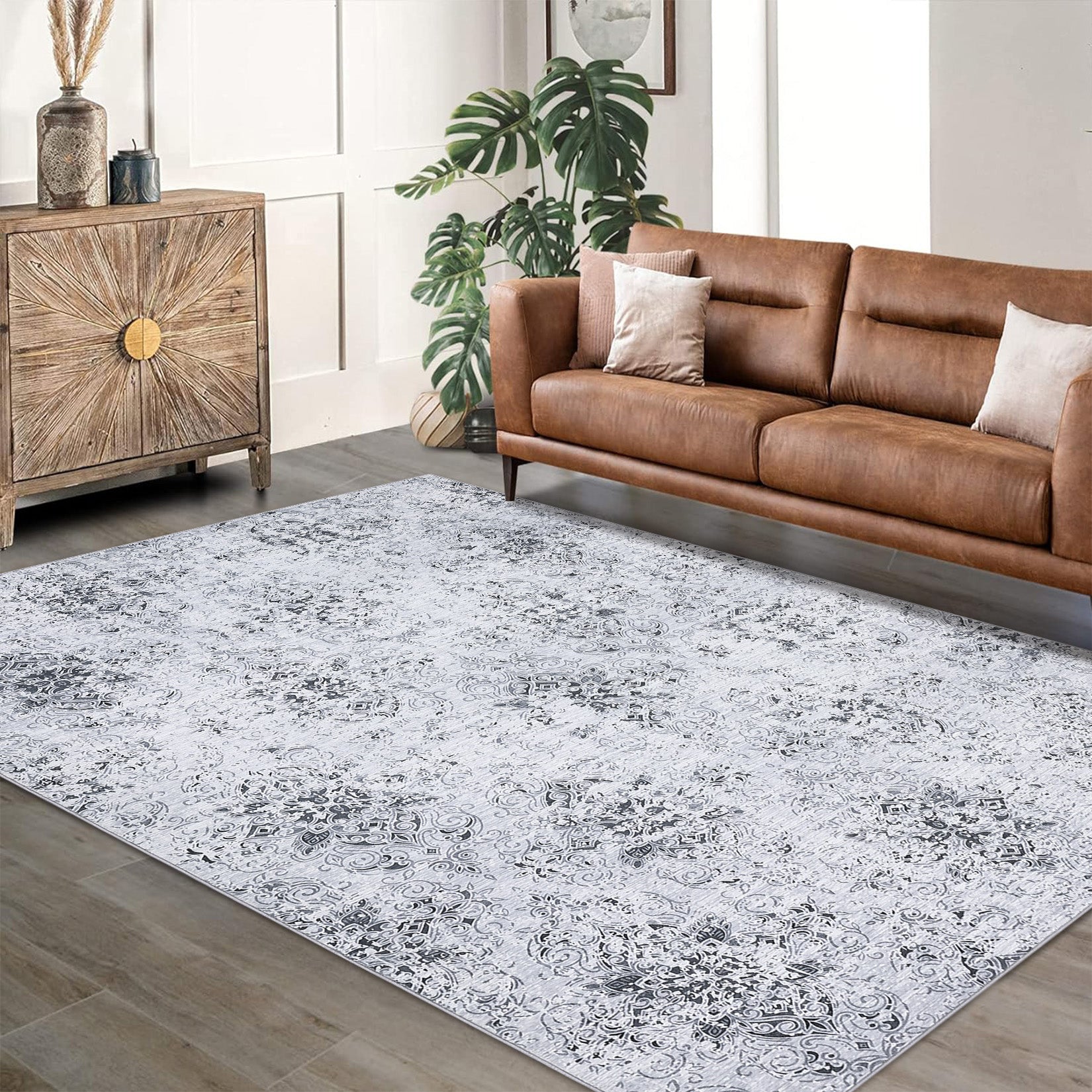 Garvee Machine Washable Area Rugs Lightweight Ultra-Thin Indoor Rug Soft Boho Botanical Floral Design Non-Slip Rubber Backing