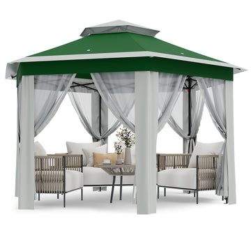 Garvee 13'x13' Pop Up Screen Tent with Mosquito Netting for Outdoor Patio Pavilion Hexagonal Sun Shelter Beige