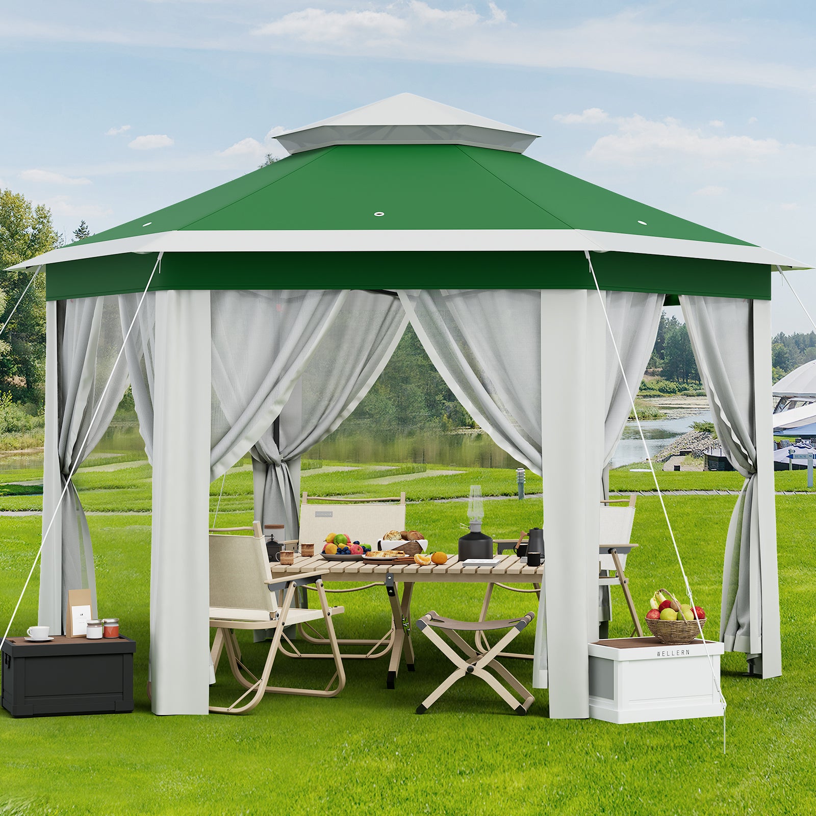 Garvee 13'x13' Pop Up Screen Tent with Mosquito Netting for Outdoor Patio Pavilion Hexagonal Sun Shelter Beige