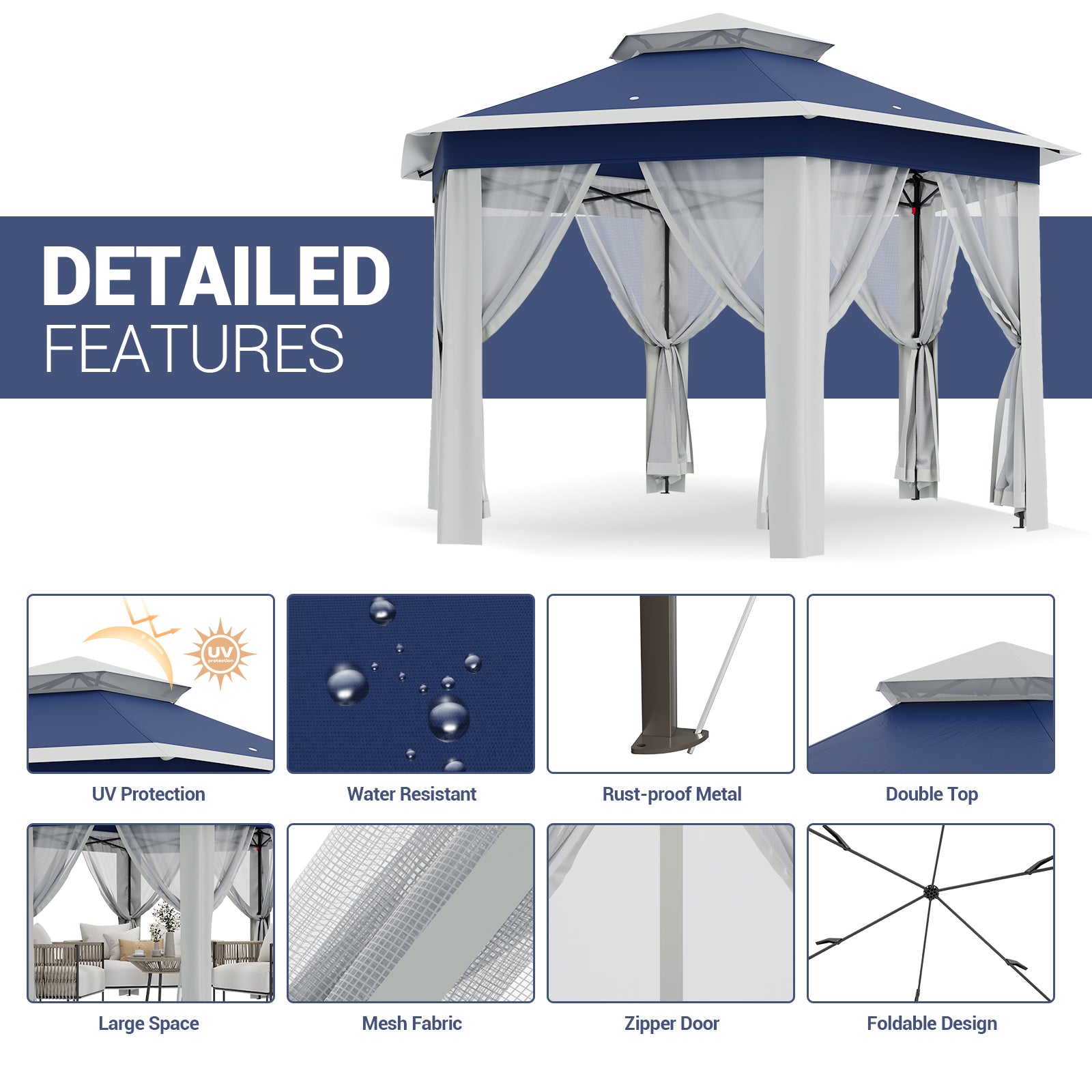 Garvee 13'x13' Pop Up Screen Tent with Mosquito Netting for Outdoor Patio Pavilion Hexagonal Sun Shelter Beige