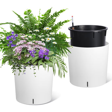 Garvee Tall Round Planter Set of 2, 20" Large Flower Pot Outdoor, Planters for Indoor Plants with Built-in Drainage and a Water Level Monitor and Wheels for Patio, Porch, Living Room, or Home Office,White