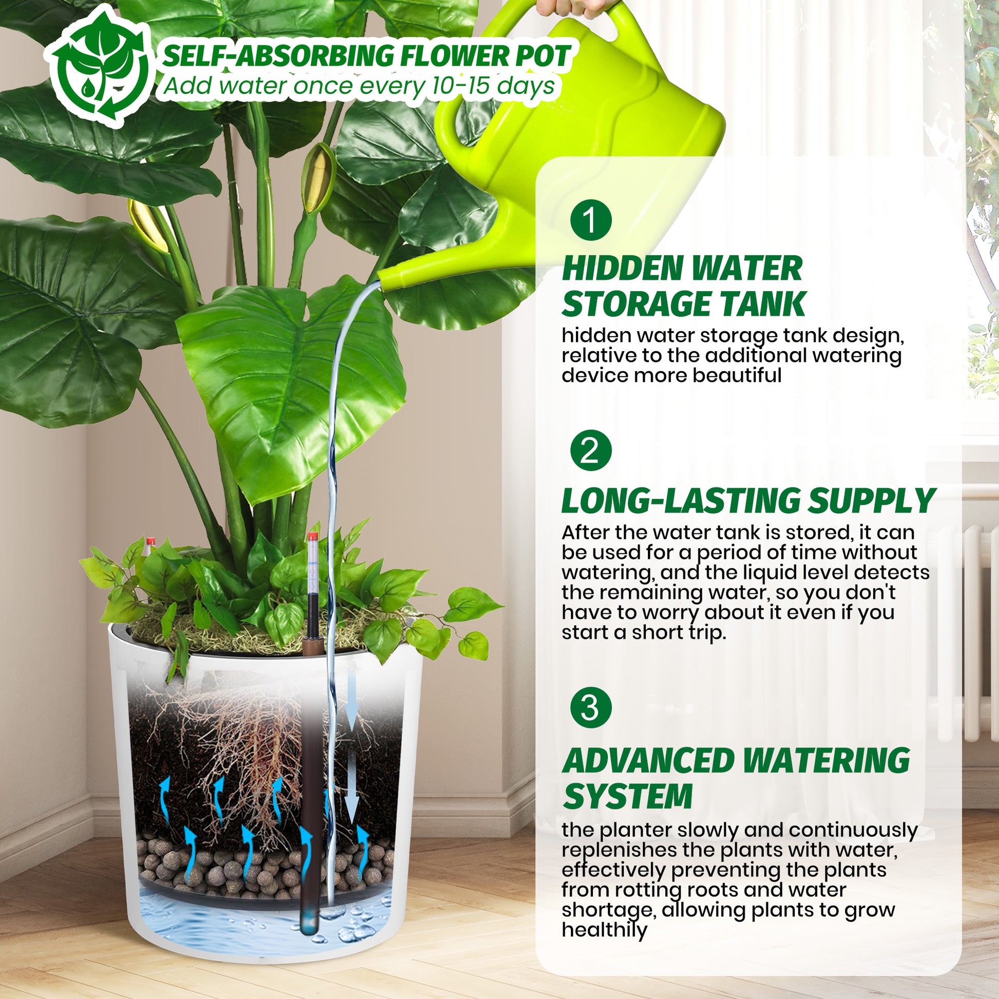 Garvee Tall Round Planter Set of 2, 20" Large Flower Pot Outdoor, Planters for Indoor Plants with Built-in Drainage and a Water Level Monitor and Wheels for Patio, Porch, Living Room, or Home Office,White