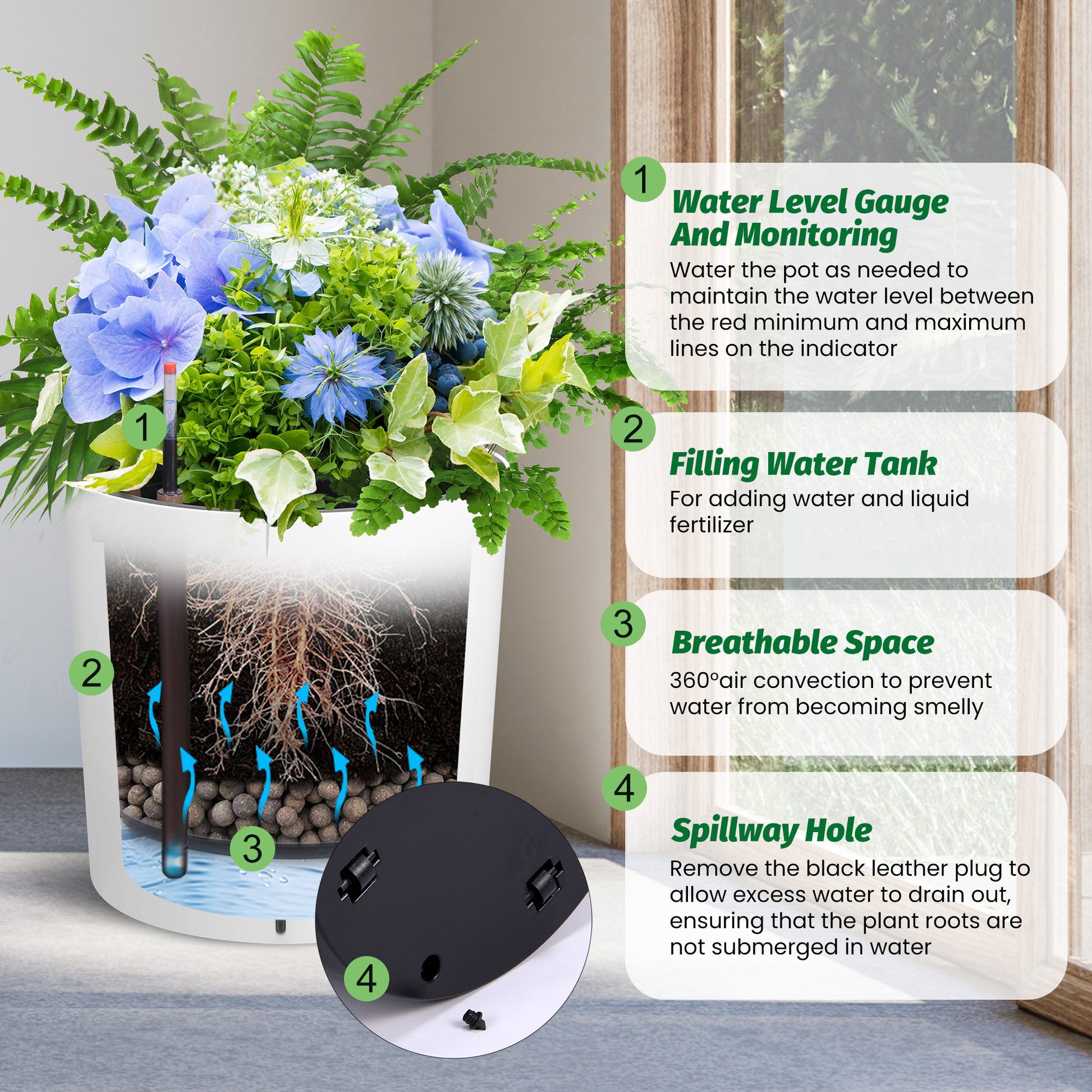 Garvee Tall Round Planter Set of 2, 20" Large Flower Pot Outdoor, Planters for Indoor Plants with Built-in Drainage and a Water Level Monitor and Wheels for Patio, Porch, Living Room, or Home Office,White