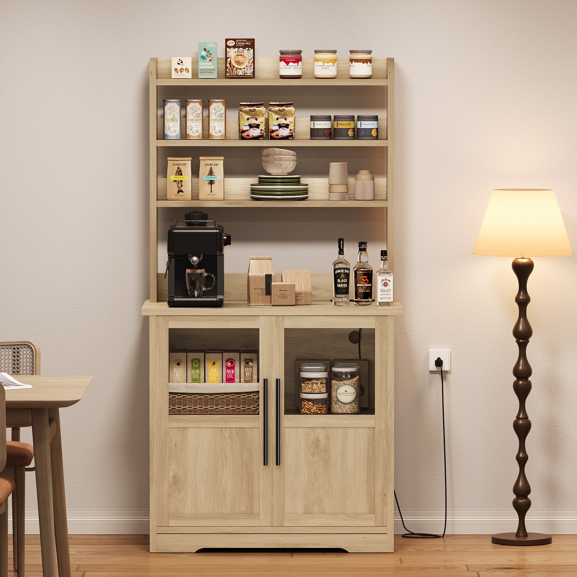 Garvee Farmhouse Bakers Rack with 2 Glass Doors, Power Outlet,Thickened Counter