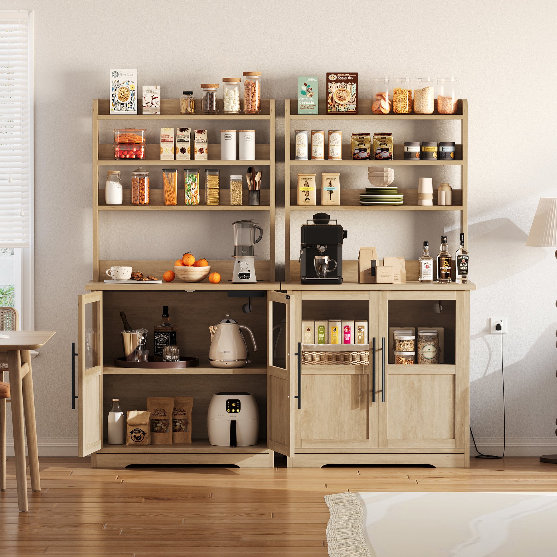 Garvee Farmhouse Bakers Rack with 2 Glass Doors, Power Outlet,Thickened Counter