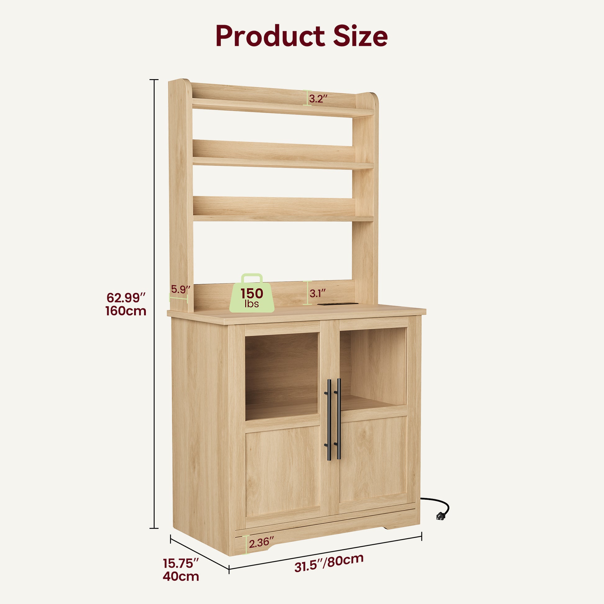 Garvee Farmhouse Bakers Rack with 2 Glass Doors, Power Outlet,Thickened Counter