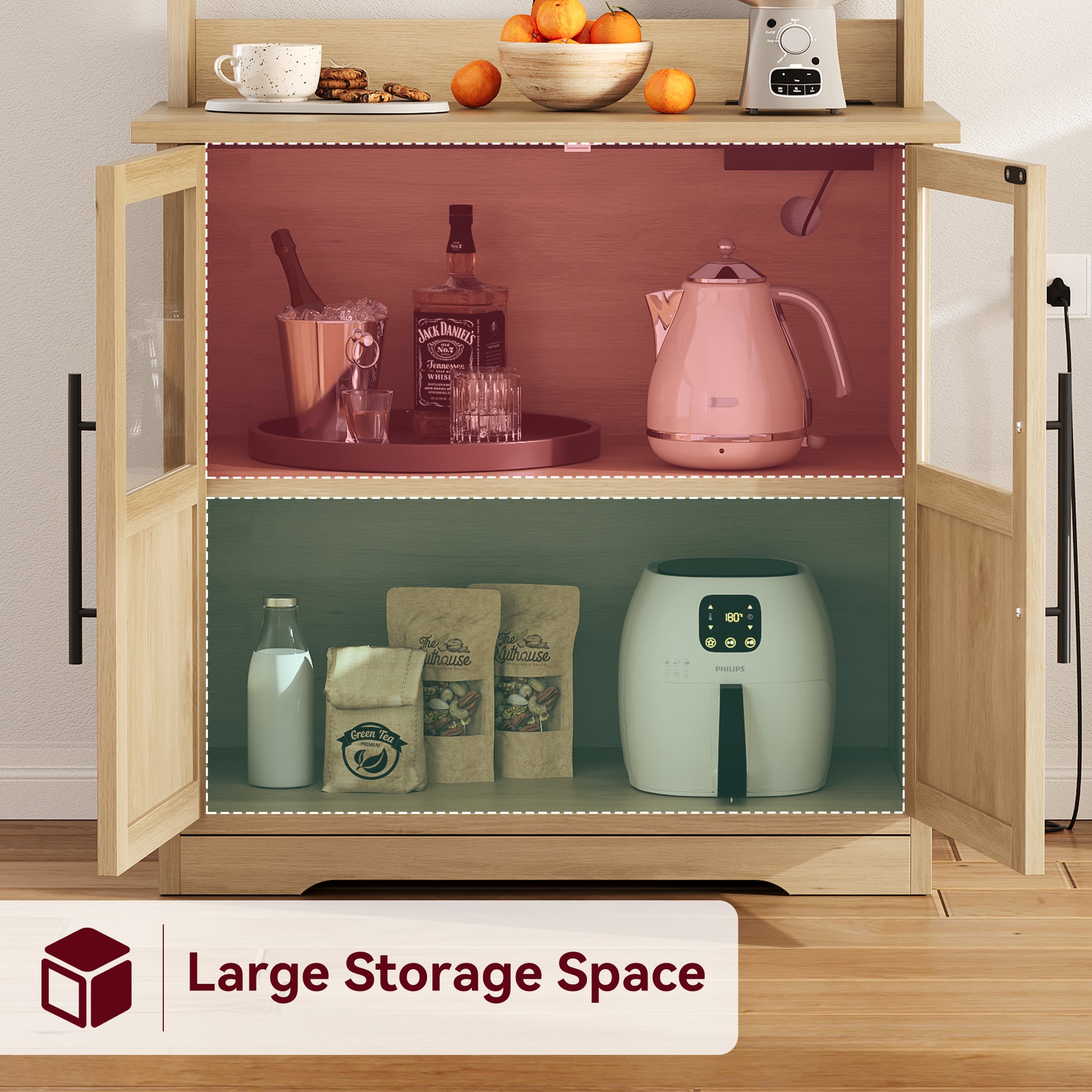 Garvee Farmhouse Bakers Rack with 2 Glass Doors, Power Outlet,Thickened Counter