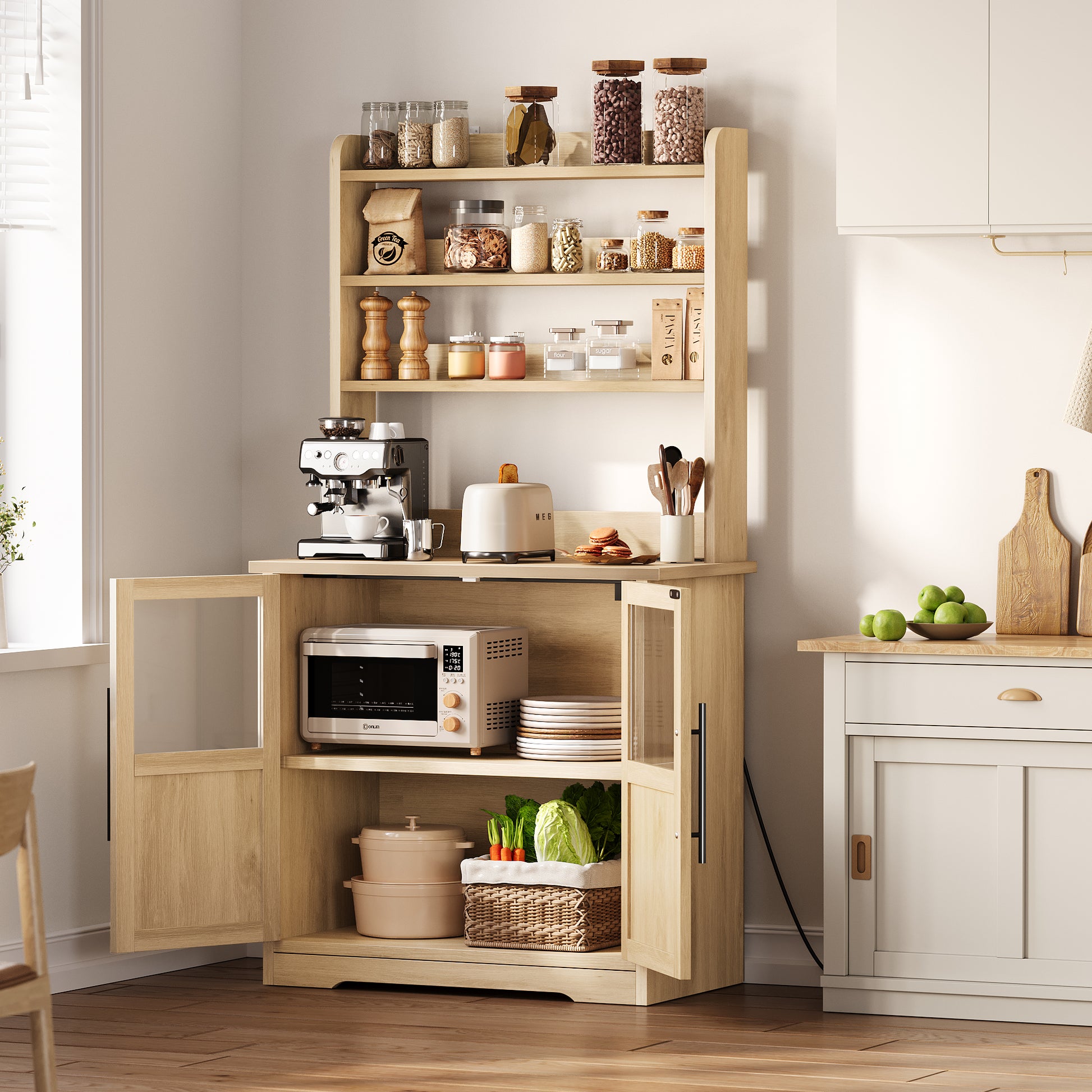 Garvee Farmhouse Bakers Rack with 2 Glass Doors, Power Outlet,Thickened Counter