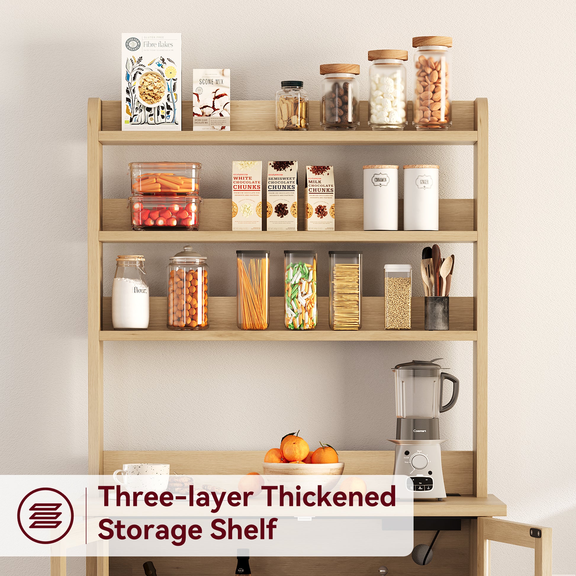 Garvee Farmhouse Bakers Rack with 2 Glass Doors, Power Outlet,Thickened Counter