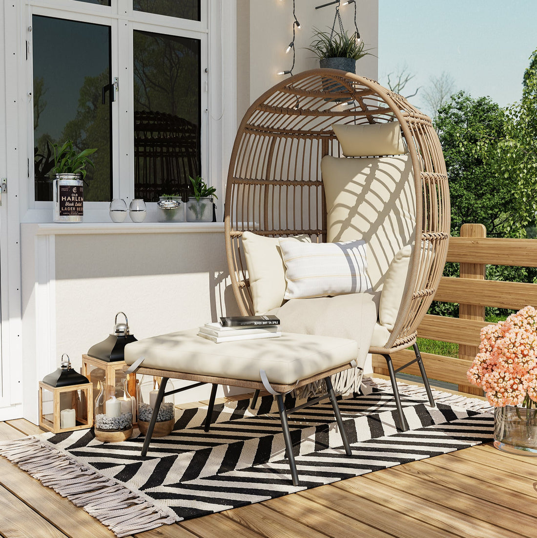 Garvee Wicker Egg Chair with Ottoman, Comfy Egg Rattan Chair Egg Basket Lounge Chair with Thick Cusion for Indoor Outdoor Patio Porch Backyard, Beige